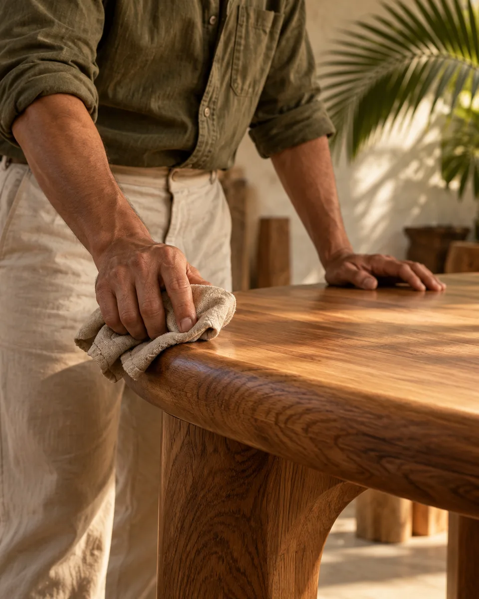 Escena ilustrativa de manos dando el acabado a una mesa de madera en un taller tropical.