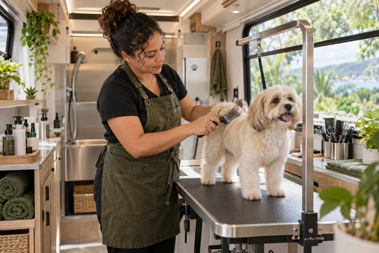 Escena ilustrativa de una profesional arreglando un perro en un estudio móvil.