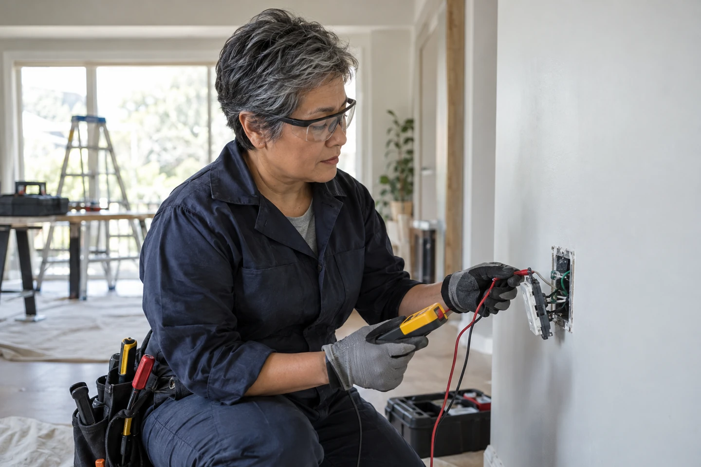 Escena ilustrativa de un electricista completando una instalación residencial.