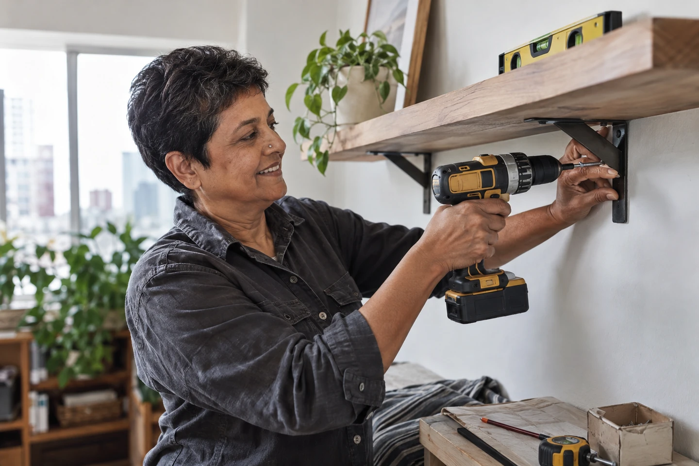 Escena ilustrativa de un handyman completando una reparación del hogar.