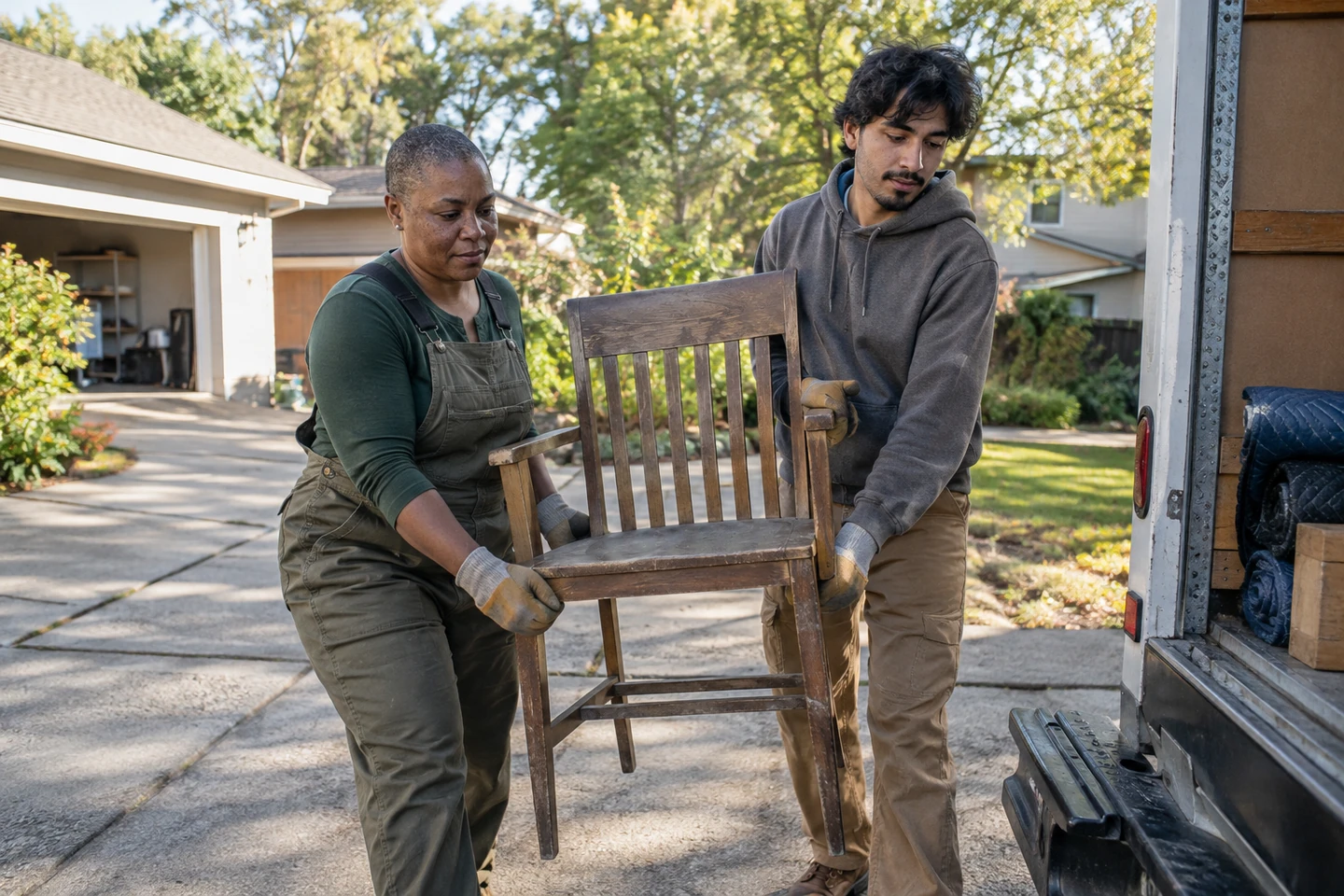Illustrative scene of a removal crew preparing to collect unwanted furniture.