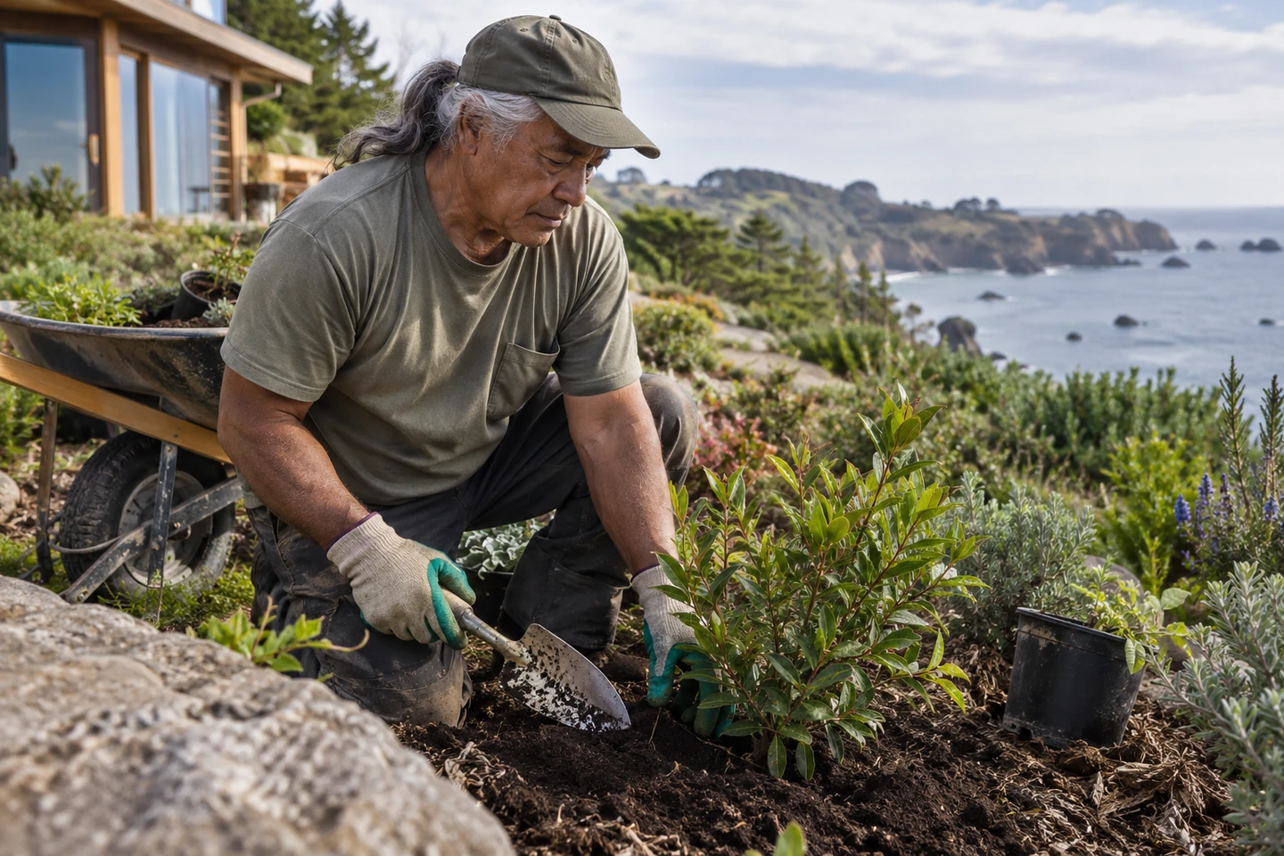 Escena ilustrativa de un profesional de jardinería cuidando un jardín.