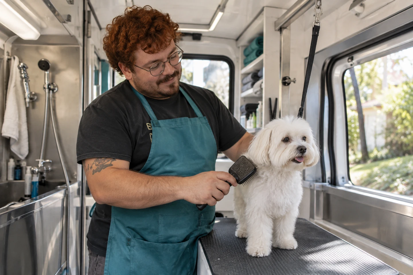 Escena ilustrativa de un profesional de grooming atendiendo a un perro en un estudio móvil.
