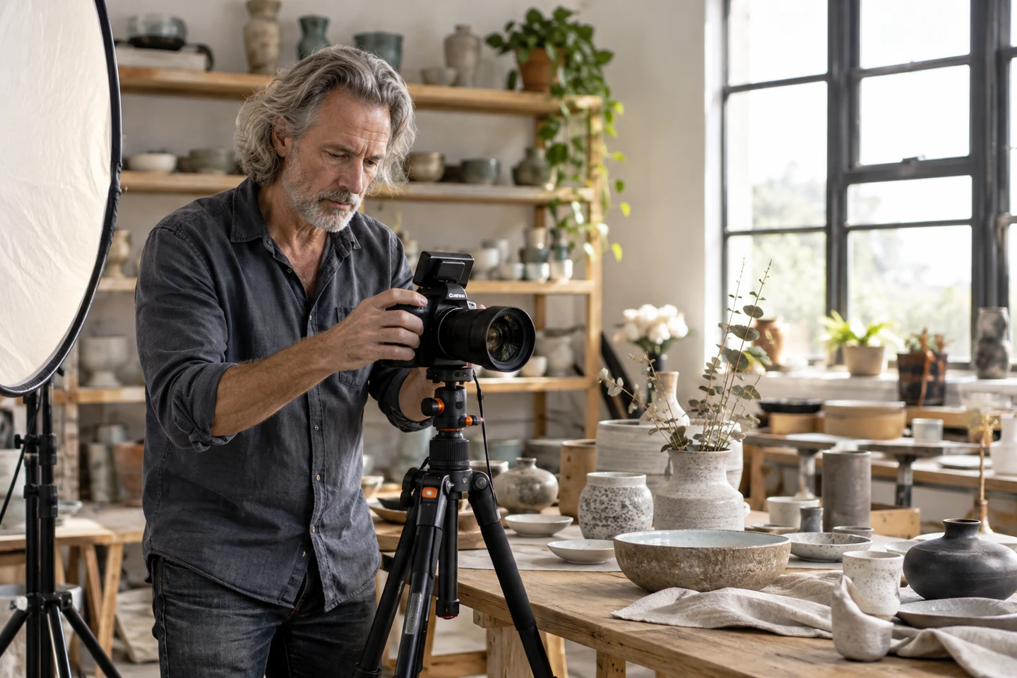 Illustrative scene of a photographer arranging a brand photography session.