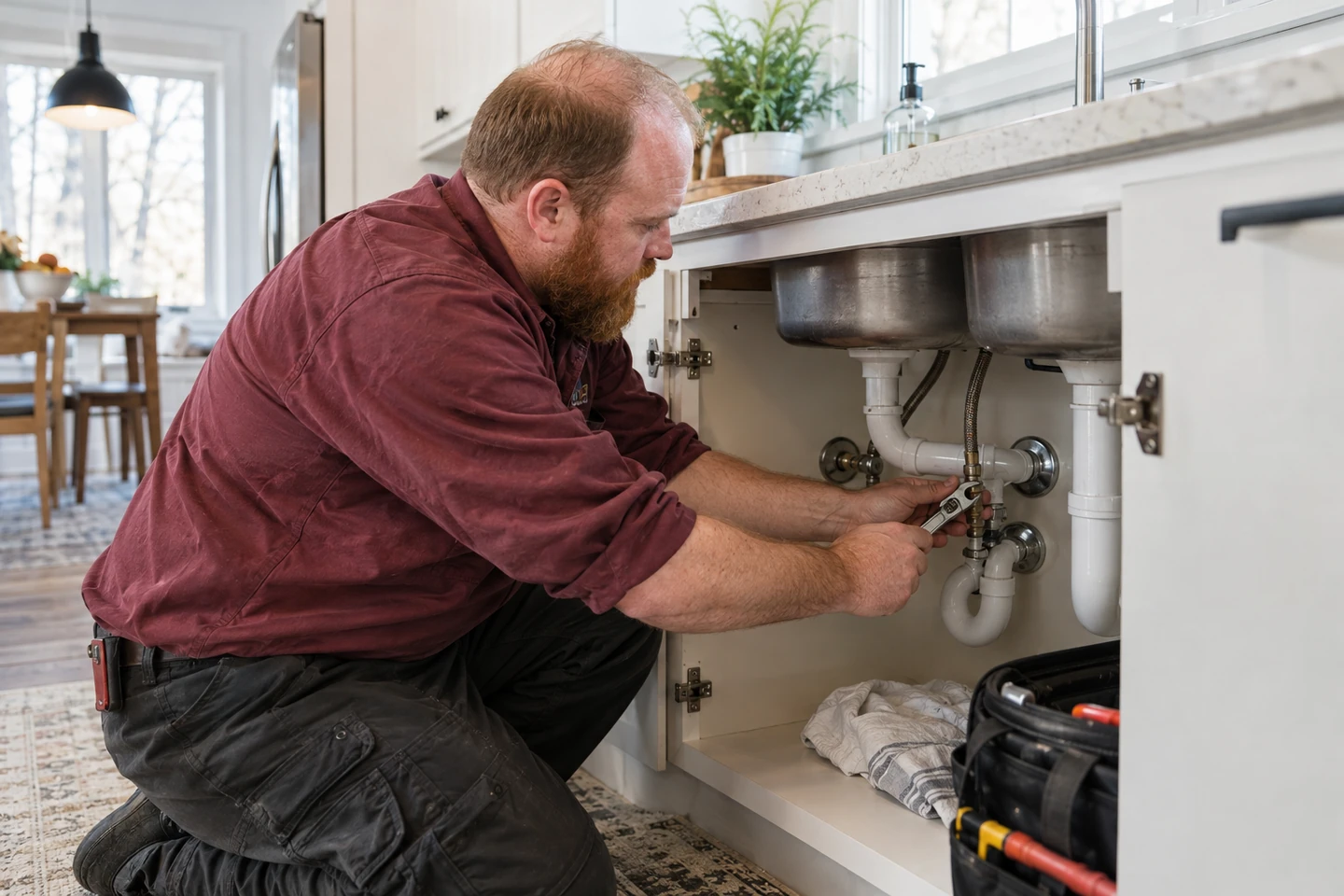 Illustrative scene of a plumber repairing a residential connection.