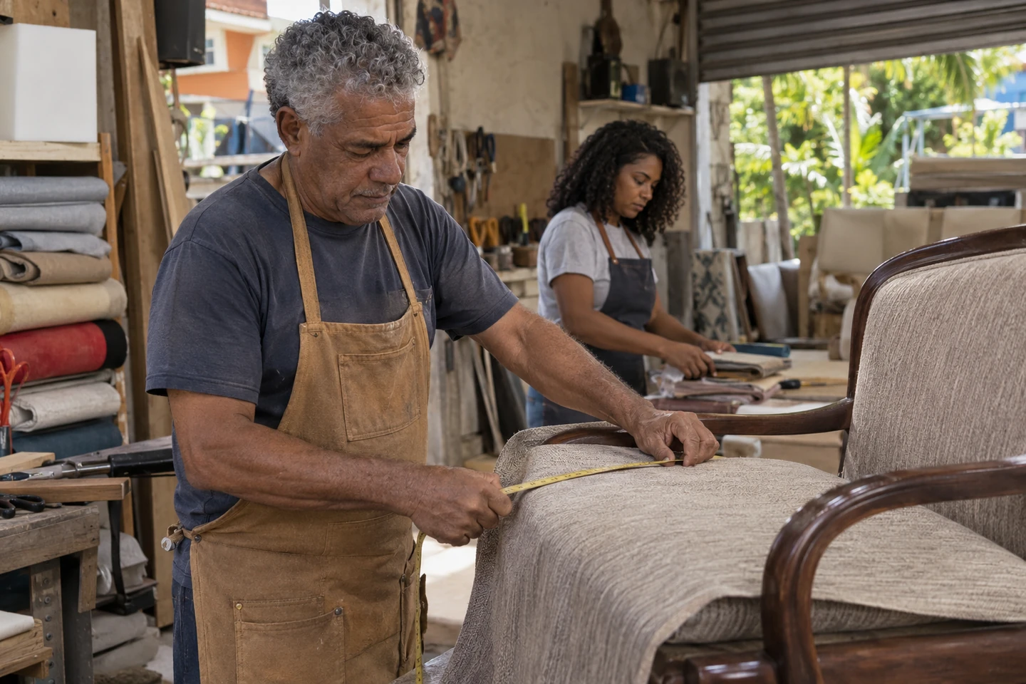 Escena ilustrativa de un dueño de servicios dominicano preparándose para el día de trabajo.