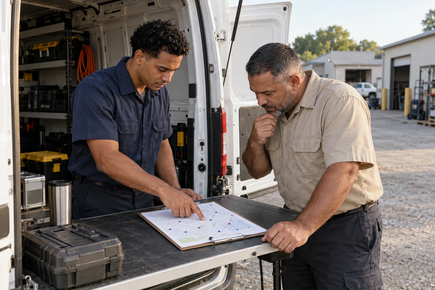 Escena ilustrativa de un equipo de servicio revisando las paradas de su día de trabajo.