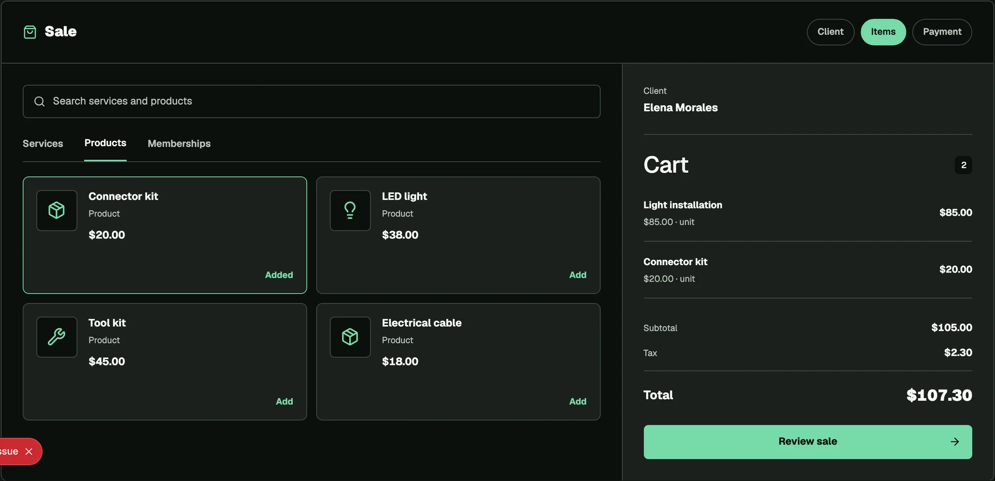 Illustrative FacturaOS sale showing products beside a two-item cart with a service, a product, tax, and a $107.30 total.
