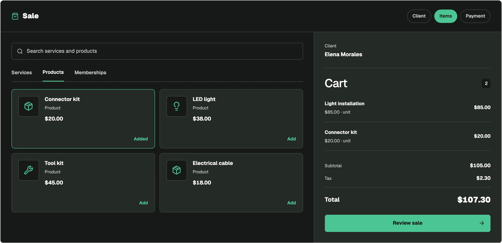 Illustrative FacturaOS sale showing products beside a two-item cart with a service, a product, tax, and a $107.30 total.