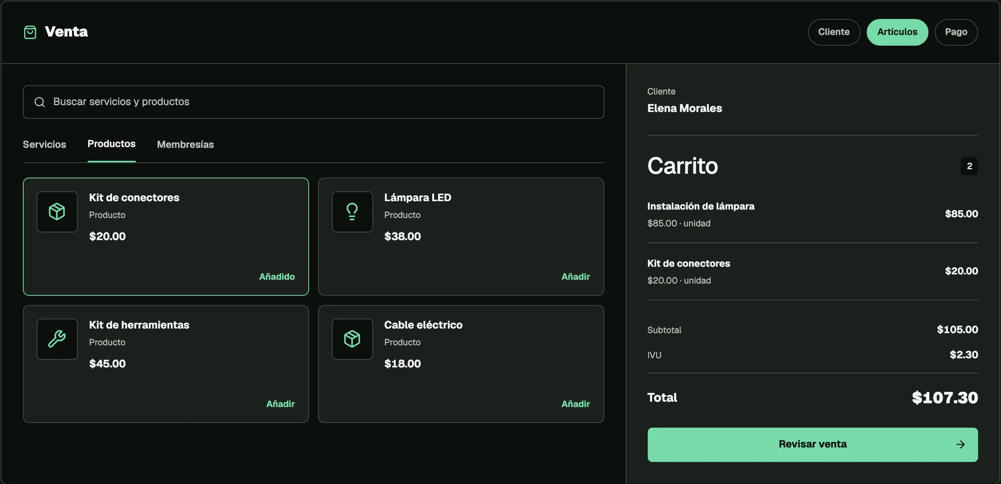 Venta ilustrativa de FacturaOS con productos junto a un carrito de dos artículos, un servicio, IVU y total de $107.30.