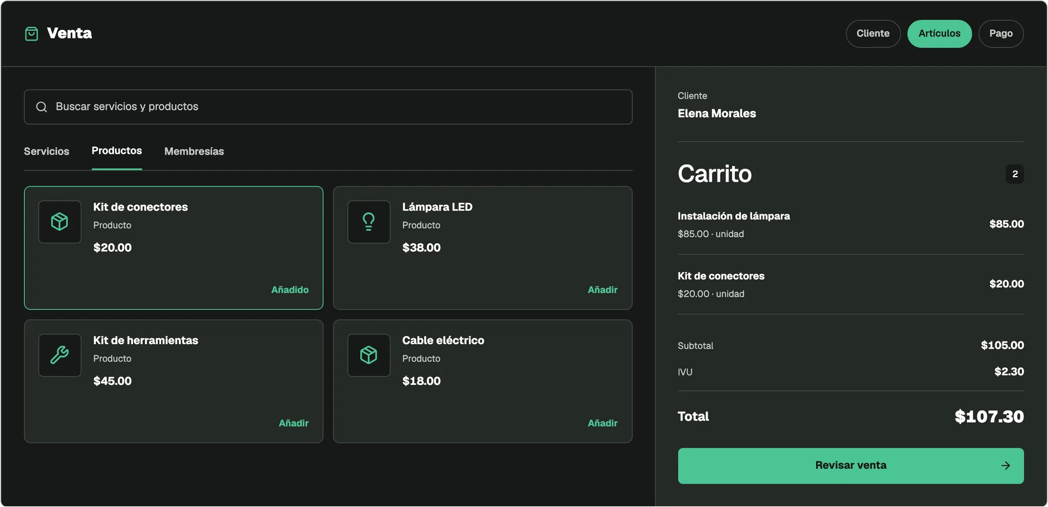Venta ilustrativa de FacturaOS con productos junto a un carrito de dos artículos, un servicio, IVU y total de $107.30.