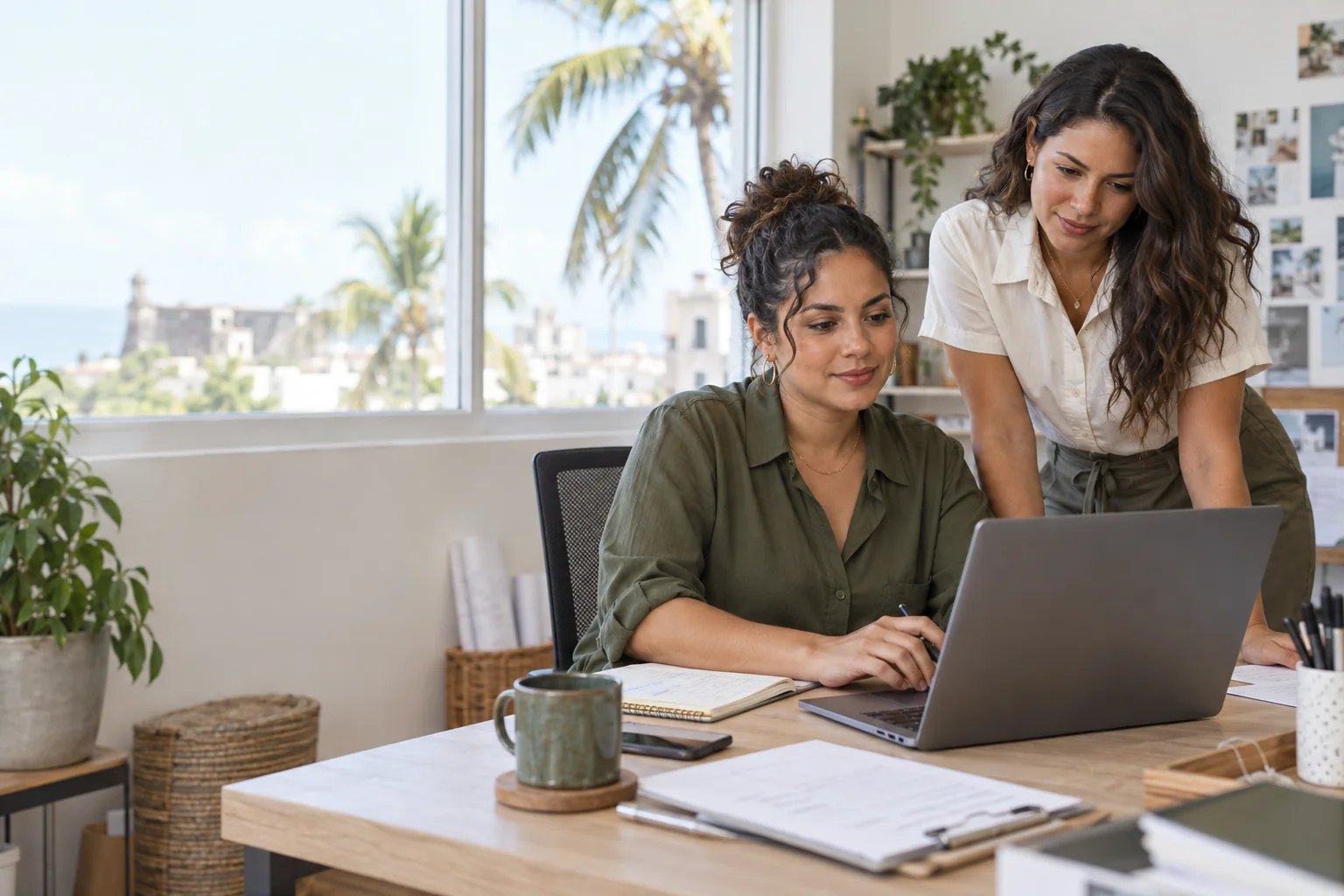 Two people working together at a laptop in a small business setting.