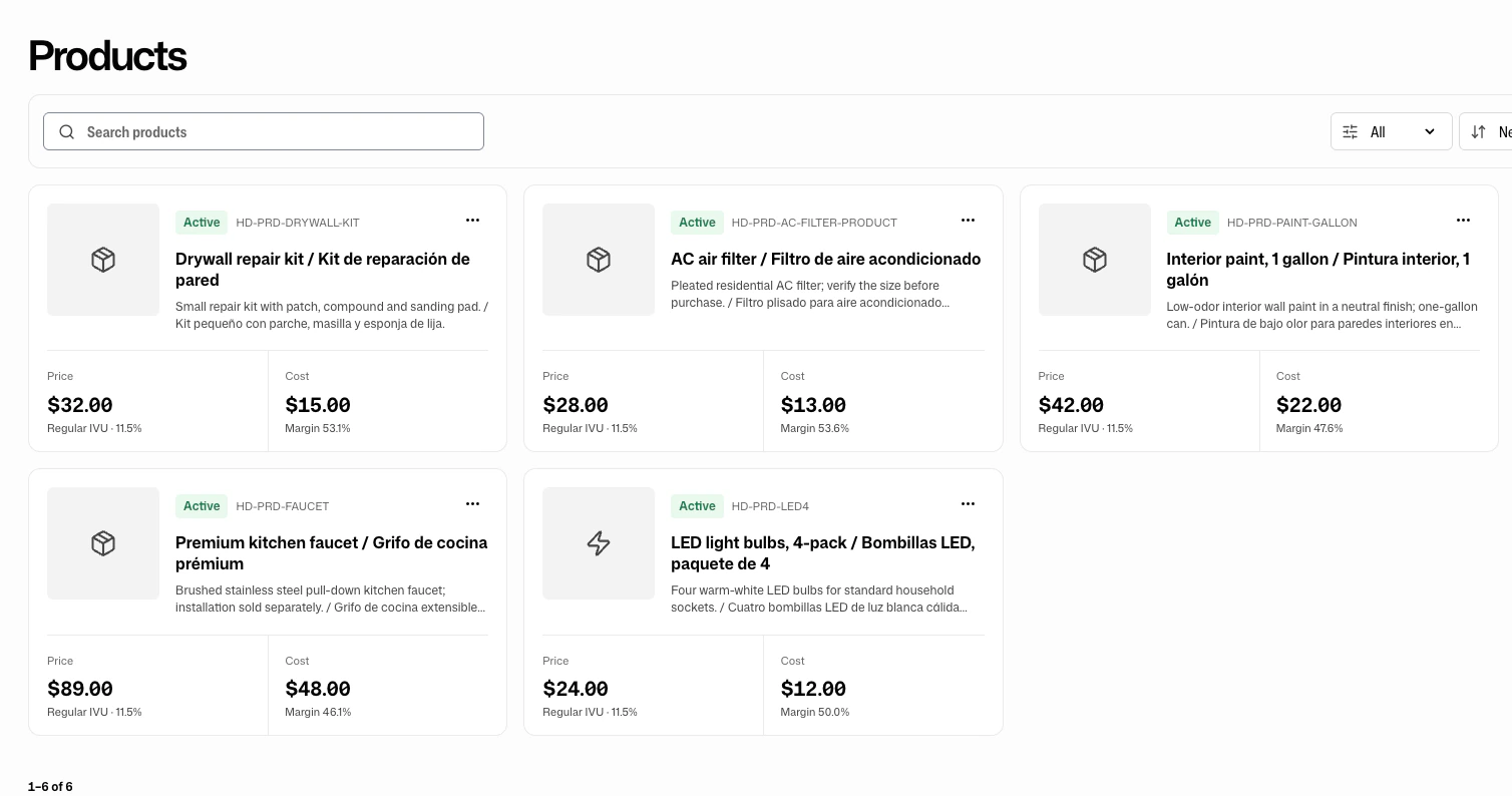 FacturaOS product catalog showing products, prices, and tax treatment.