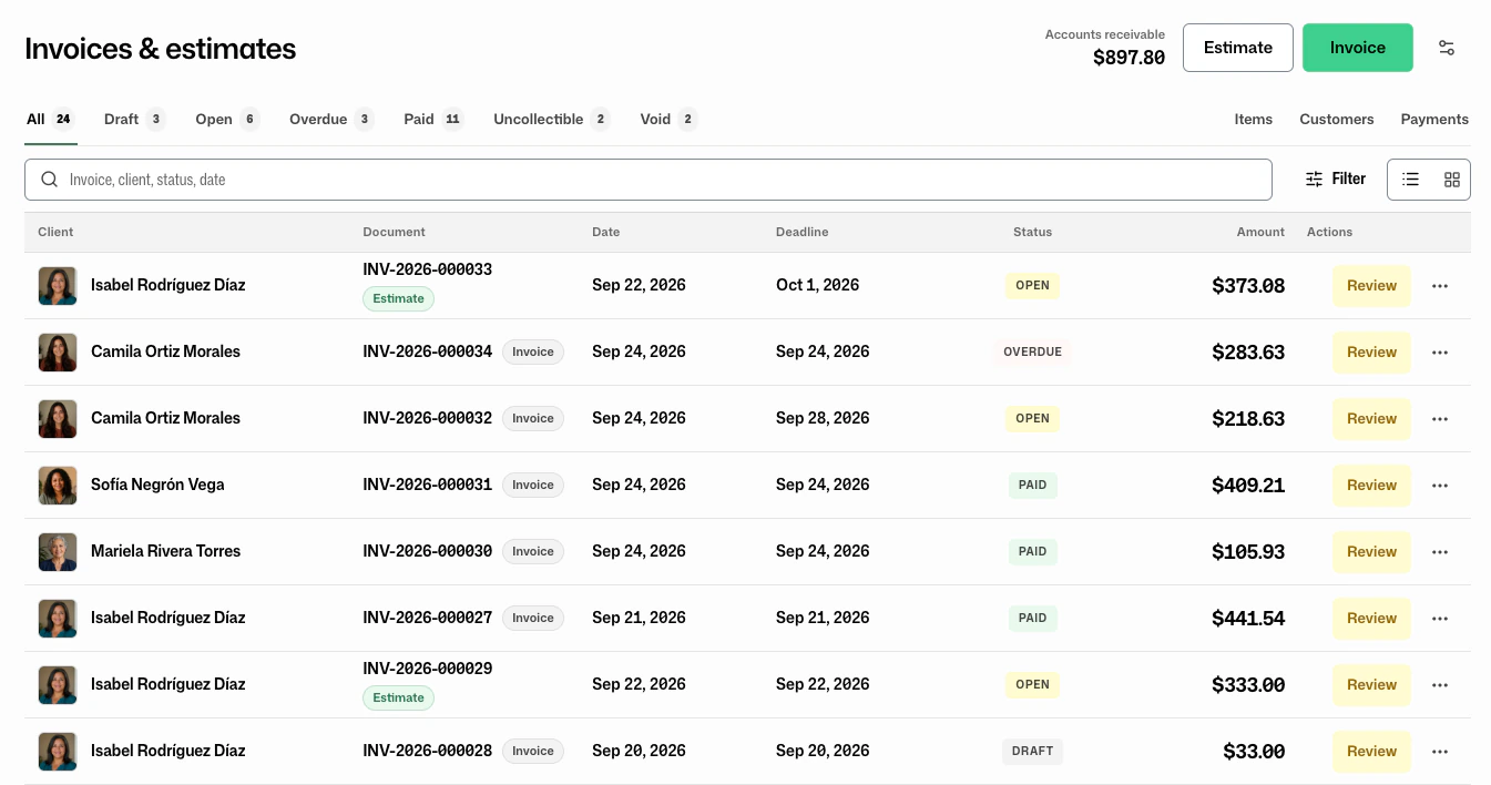 FacturaOS invoice register showing search and status filters.