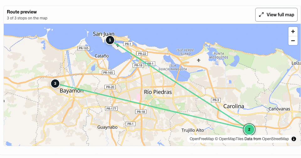 FacturaOS route planner showing stops, progress, and a Puerto Rico map.