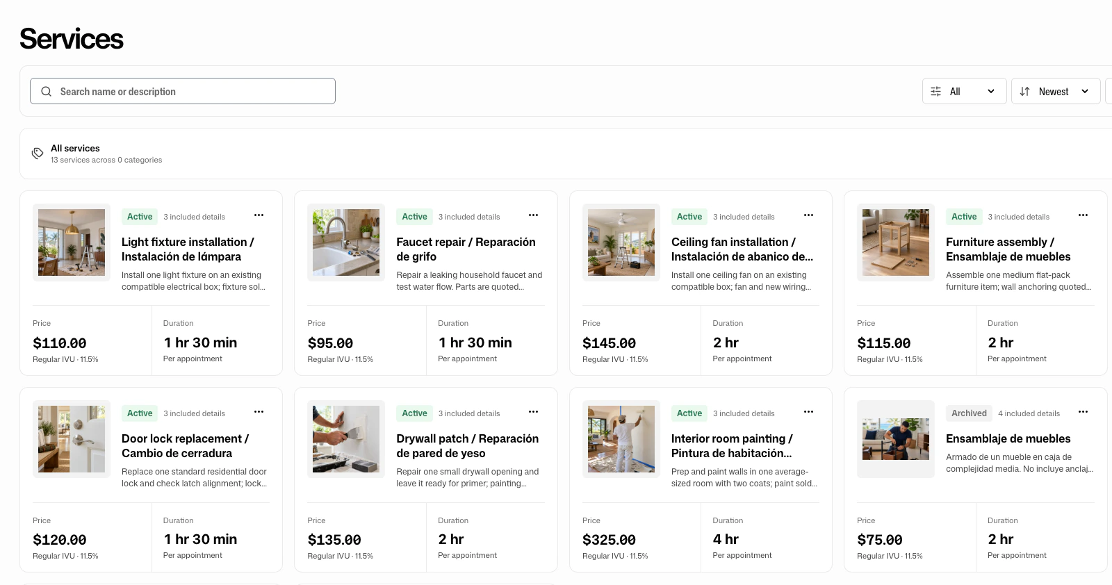 FacturaOS service catalog showing services, prices, and durations.