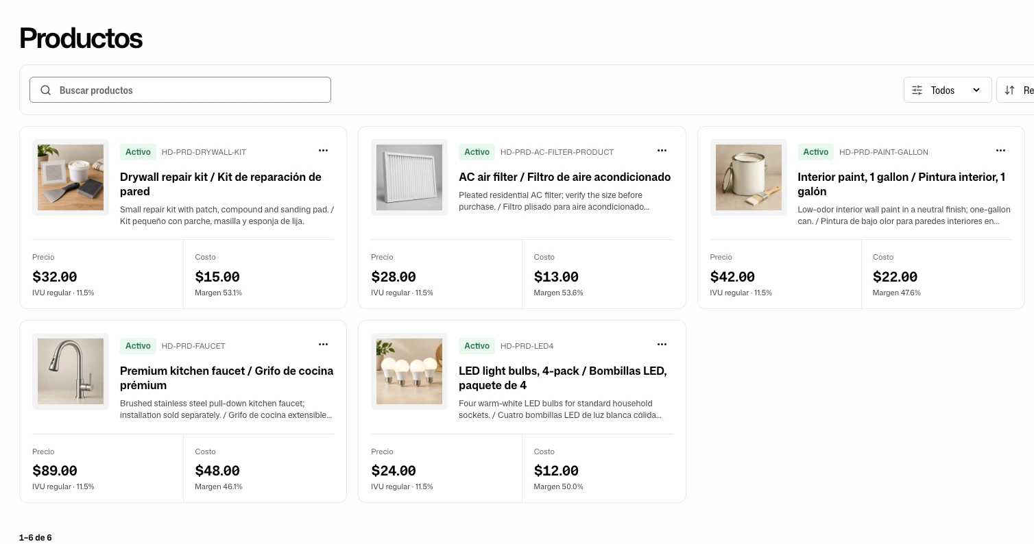 Catálogo de productos de FacturaOS con productos, precios y tratamiento contributivo.