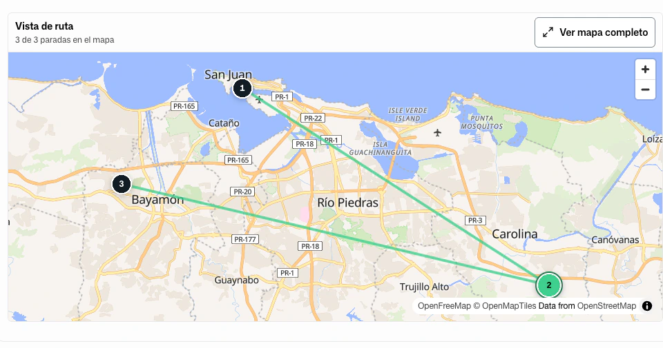 Planificador de rutas de FacturaOS con paradas, progreso y un mapa de Puerto Rico.