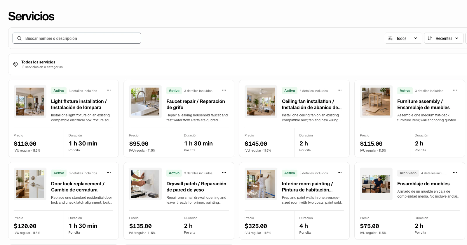 Catálogo de servicios de FacturaOS con servicios, precios y duraciones.