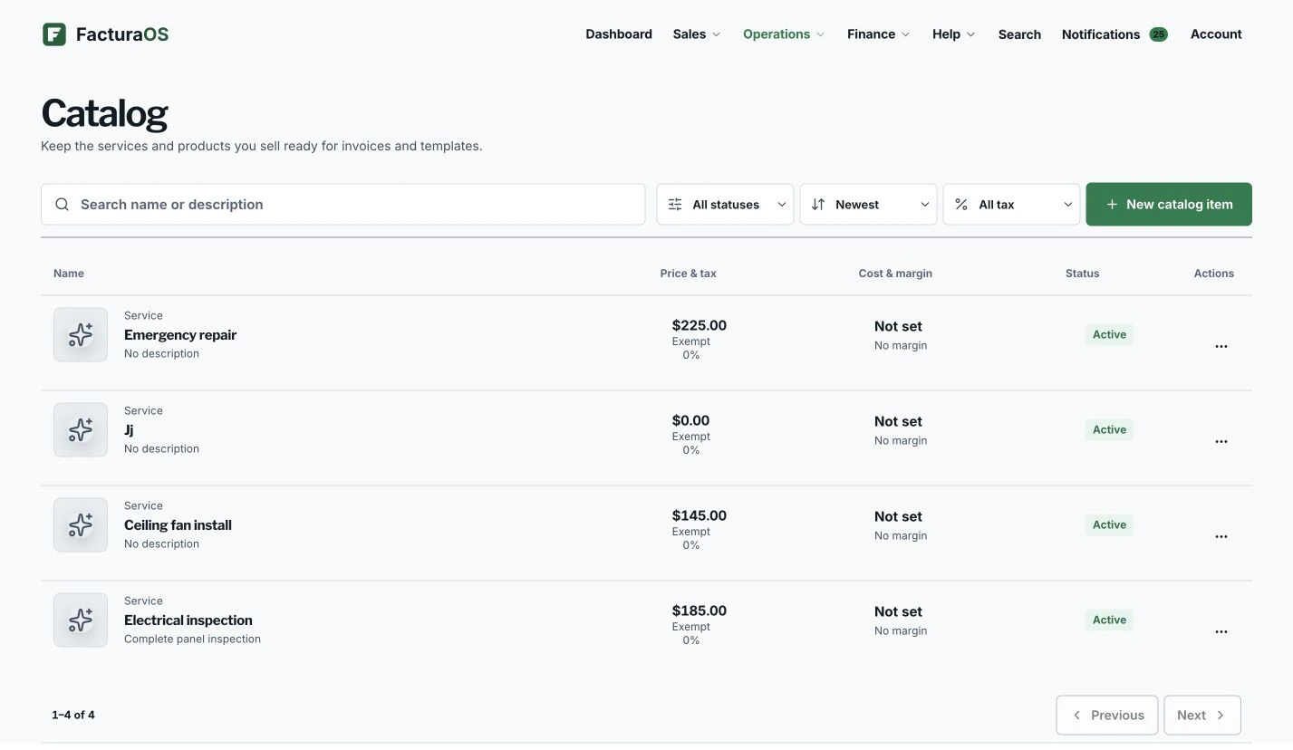 FacturaOS reusable templates table with service content, line counts, totals, and update dates.