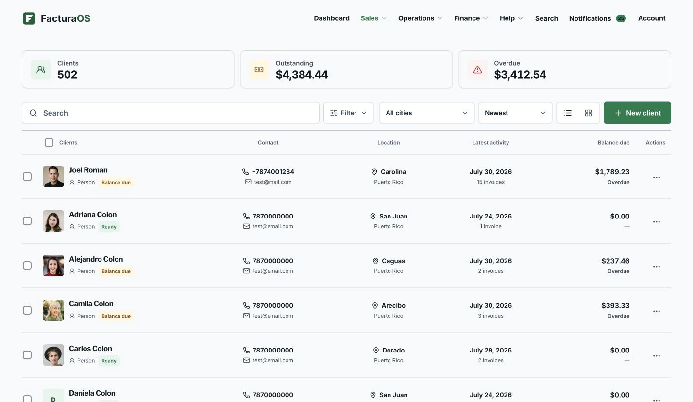 FacturaOS business overview showing active clients and the work that needs attention.