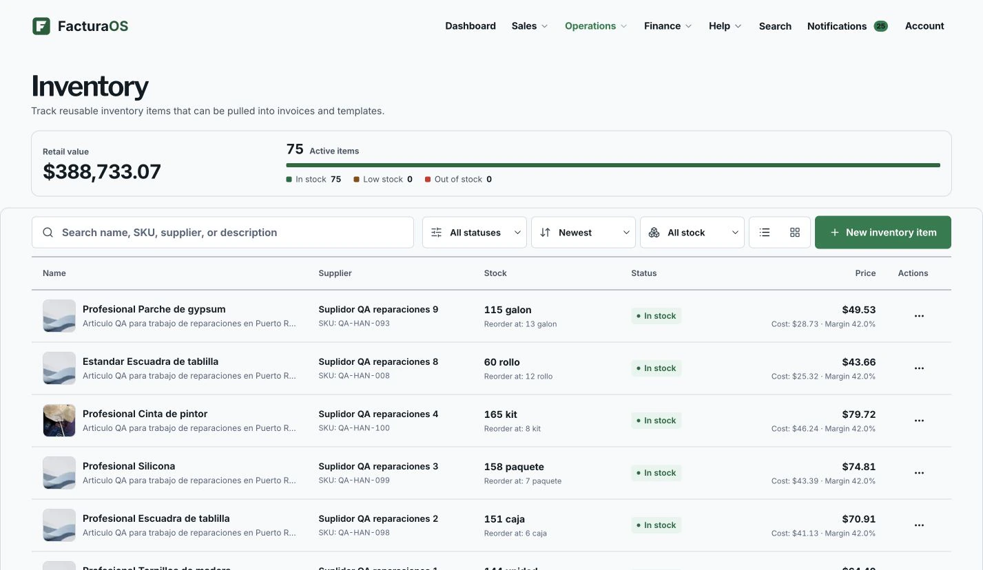 FacturaOS suppliers and purchase-order queue with statuses, expected dates, and amounts.