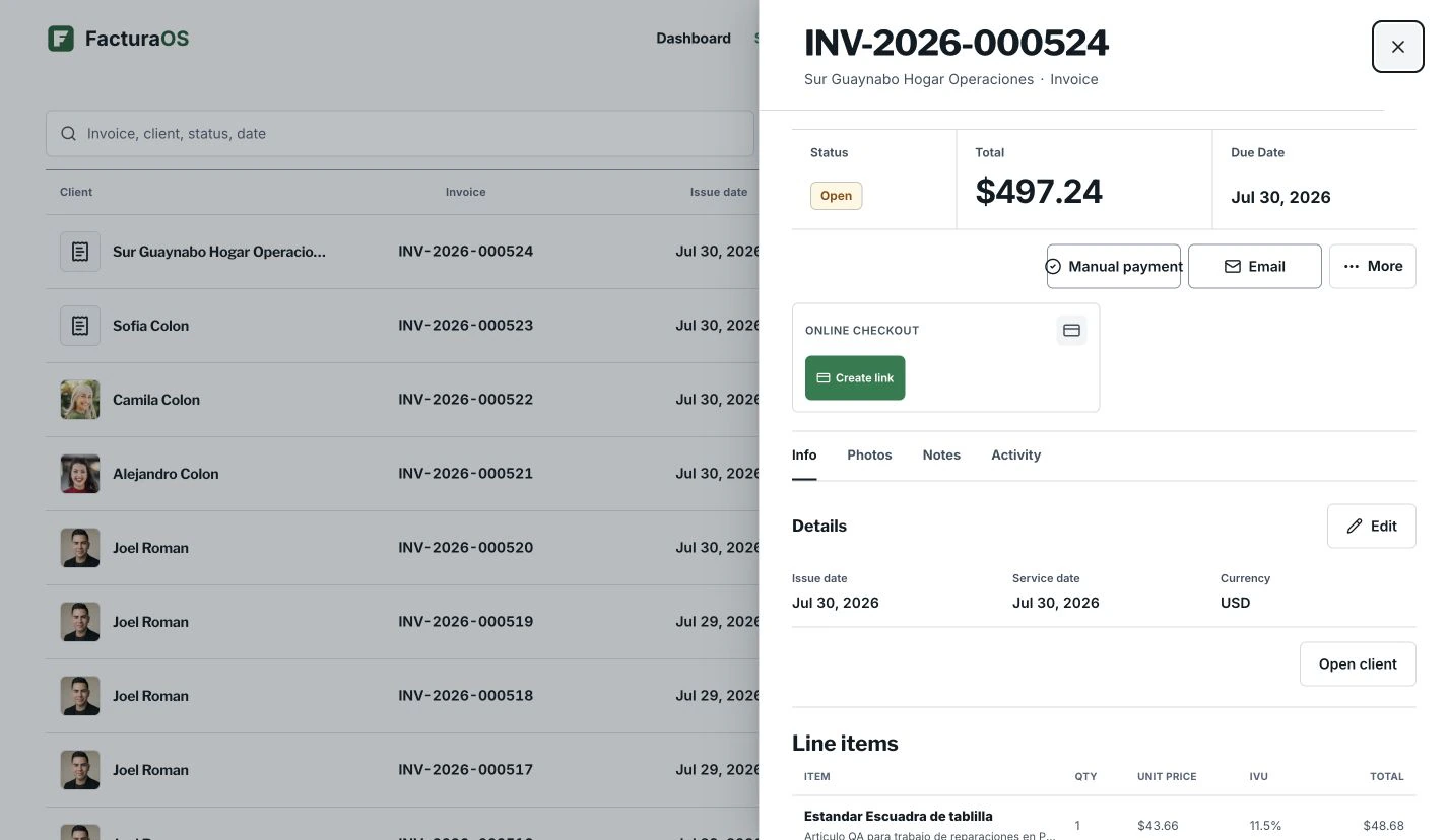 FacturaOS invoice detail with client, line items, balance, checkout and payment actions.