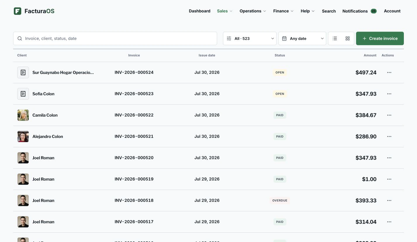 FacturaOS invoice list with filters, payment status, dates, clients and amounts.