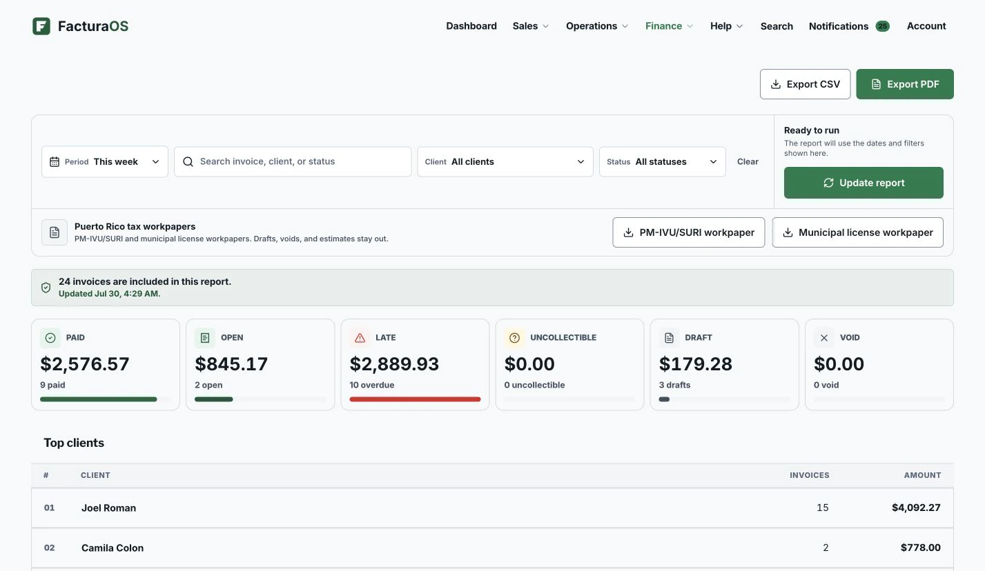 FacturaOS payment tracking and reports shown with example data