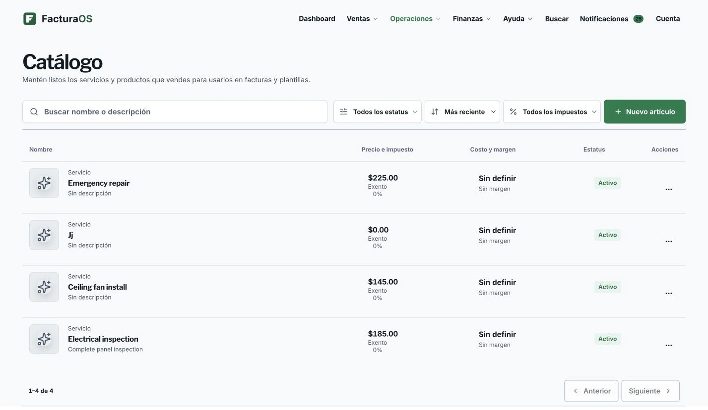 Tabla de plantillas reutilizables de FacturaOS con contenido, líneas, totales y fechas.