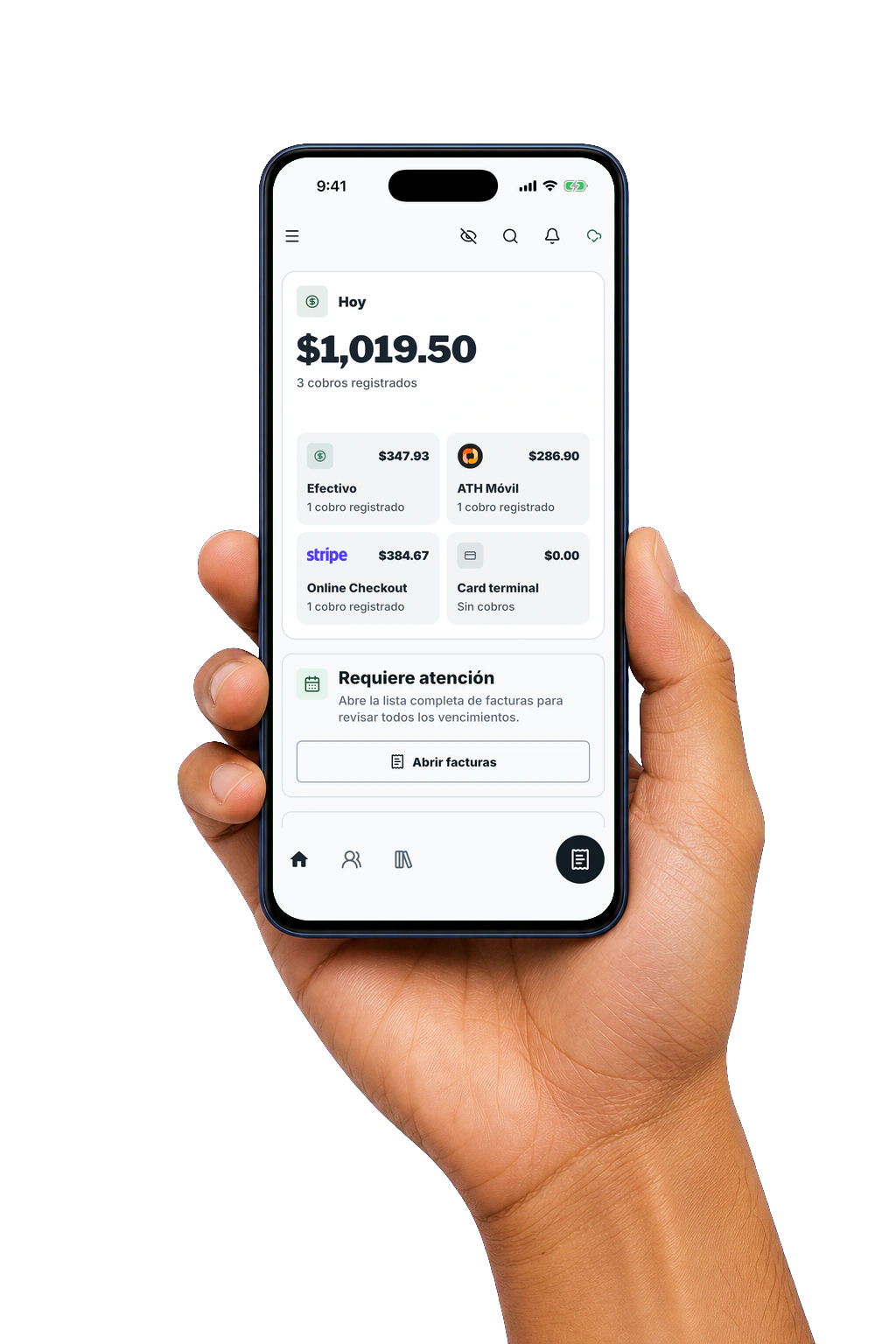 FacturaOS mobile invoice list with search, filters, clients, amounts and payment status.