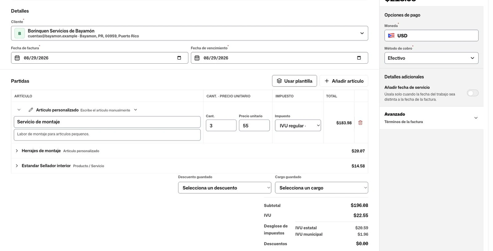 Espacio para crear facturas en FacturaOS con selector de cliente y detalles del documento.