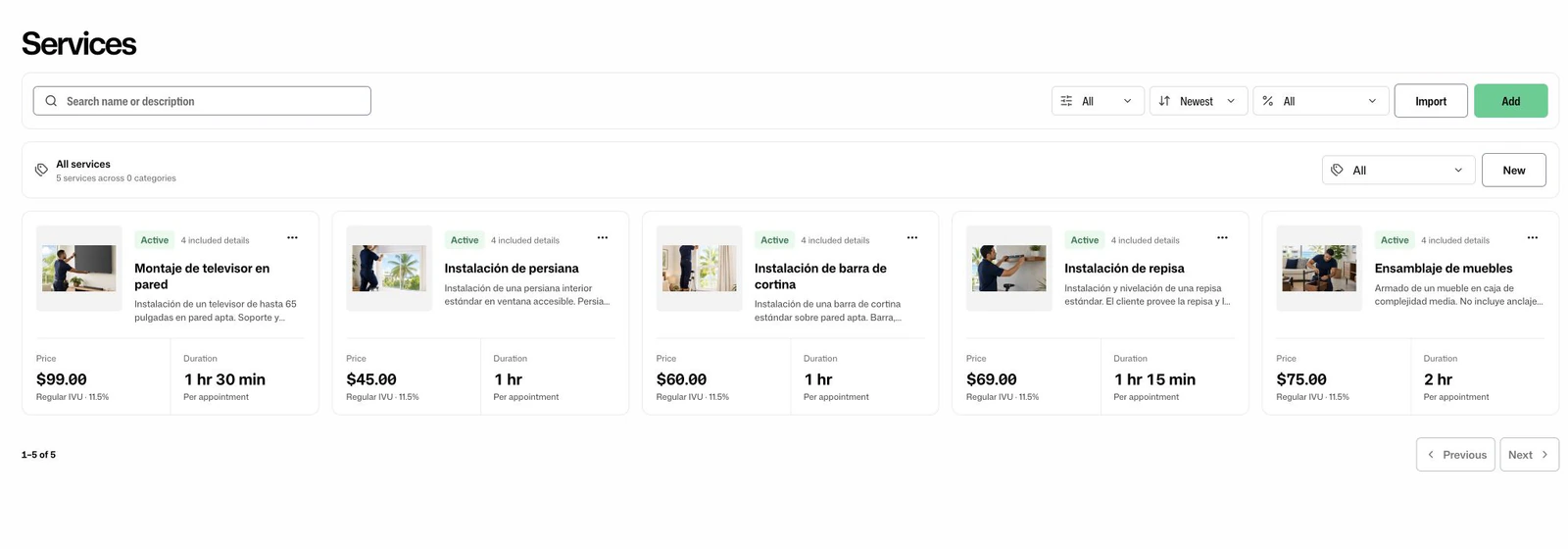 FacturaOS service catalog with reusable services, prices, and durations