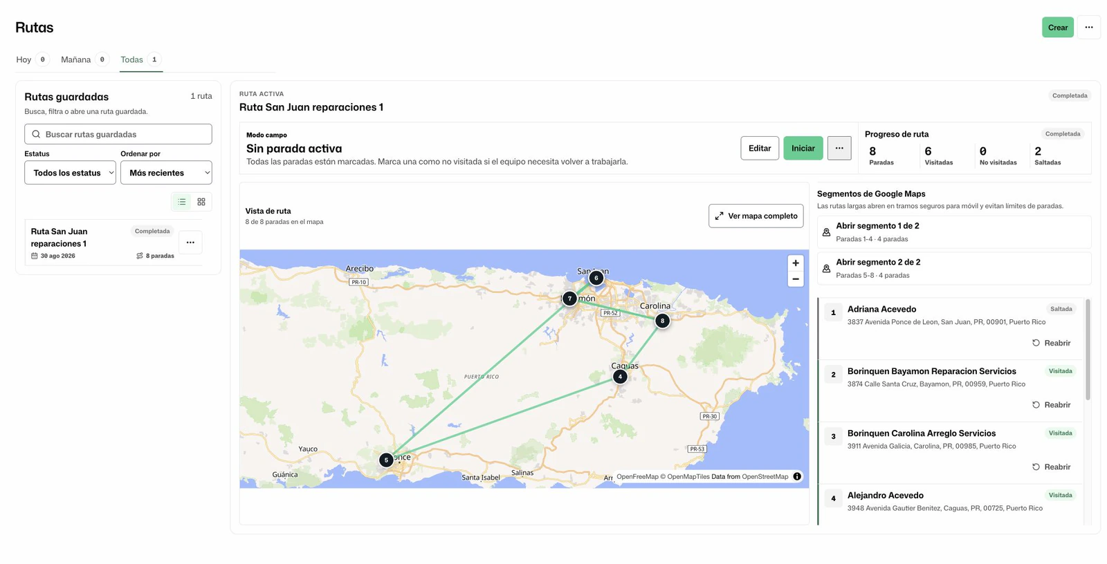 Planificador de rutas de FacturaOS con rutas guardadas, progreso de paradas y mapa de ejemplo en Puerto Rico.