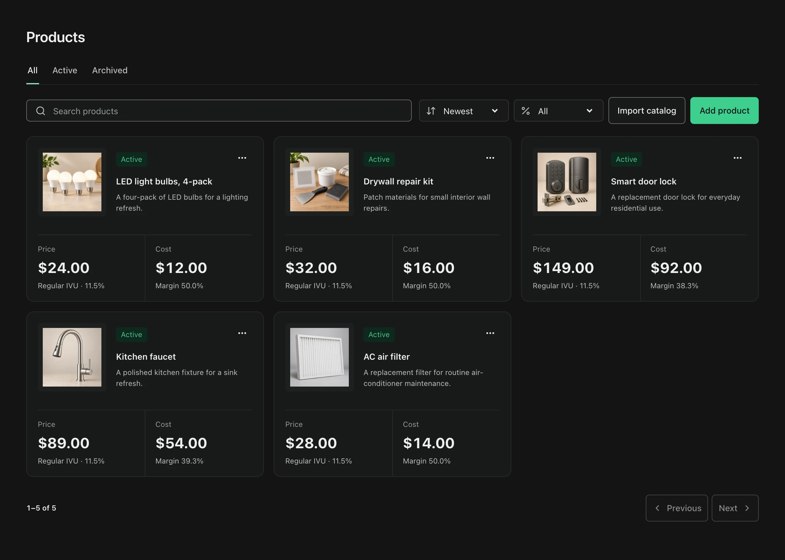 FacturaOS reusable product catalog with quantities, prices, and costs