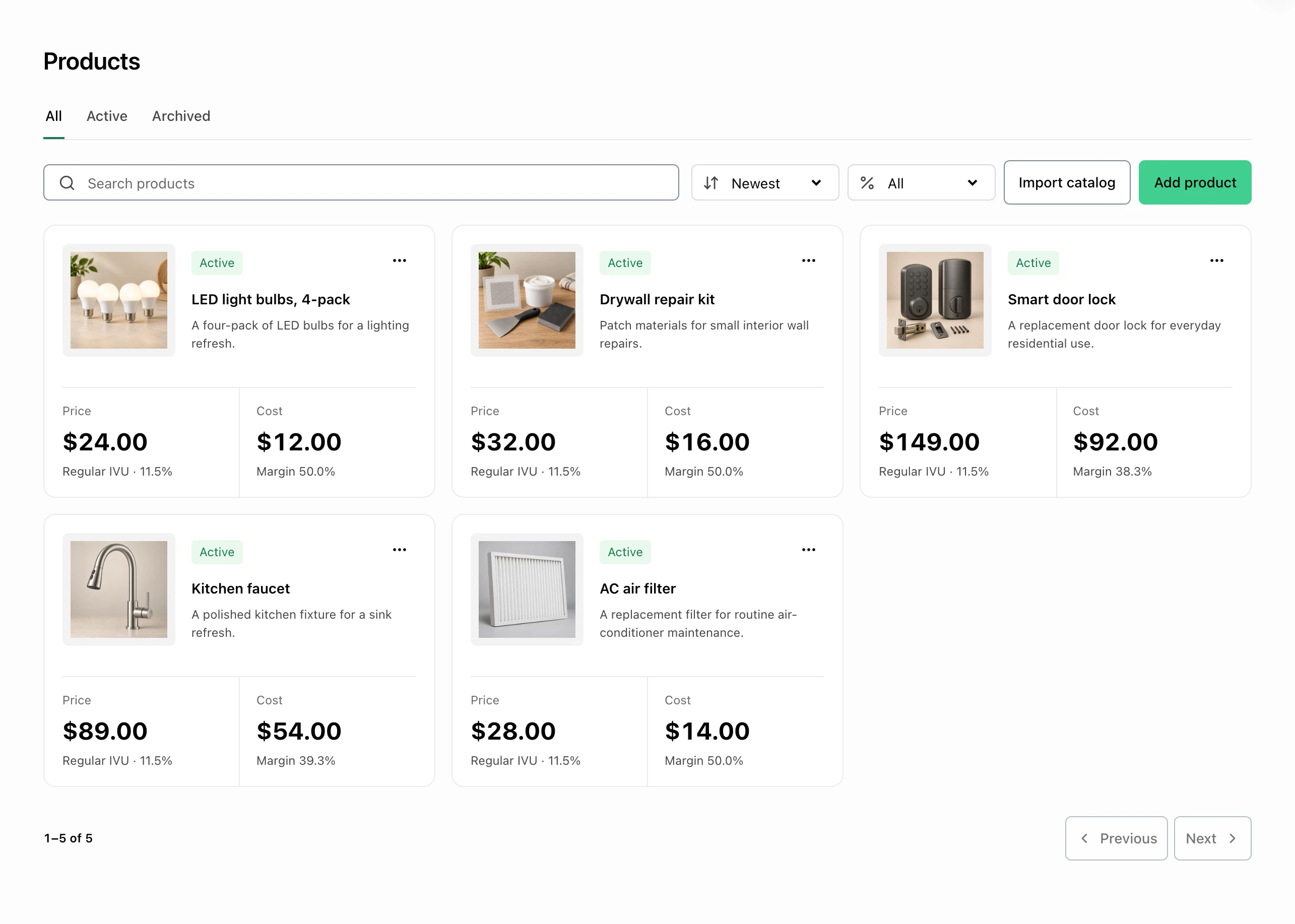 FacturaOS reusable product catalog with quantities, prices, and costs