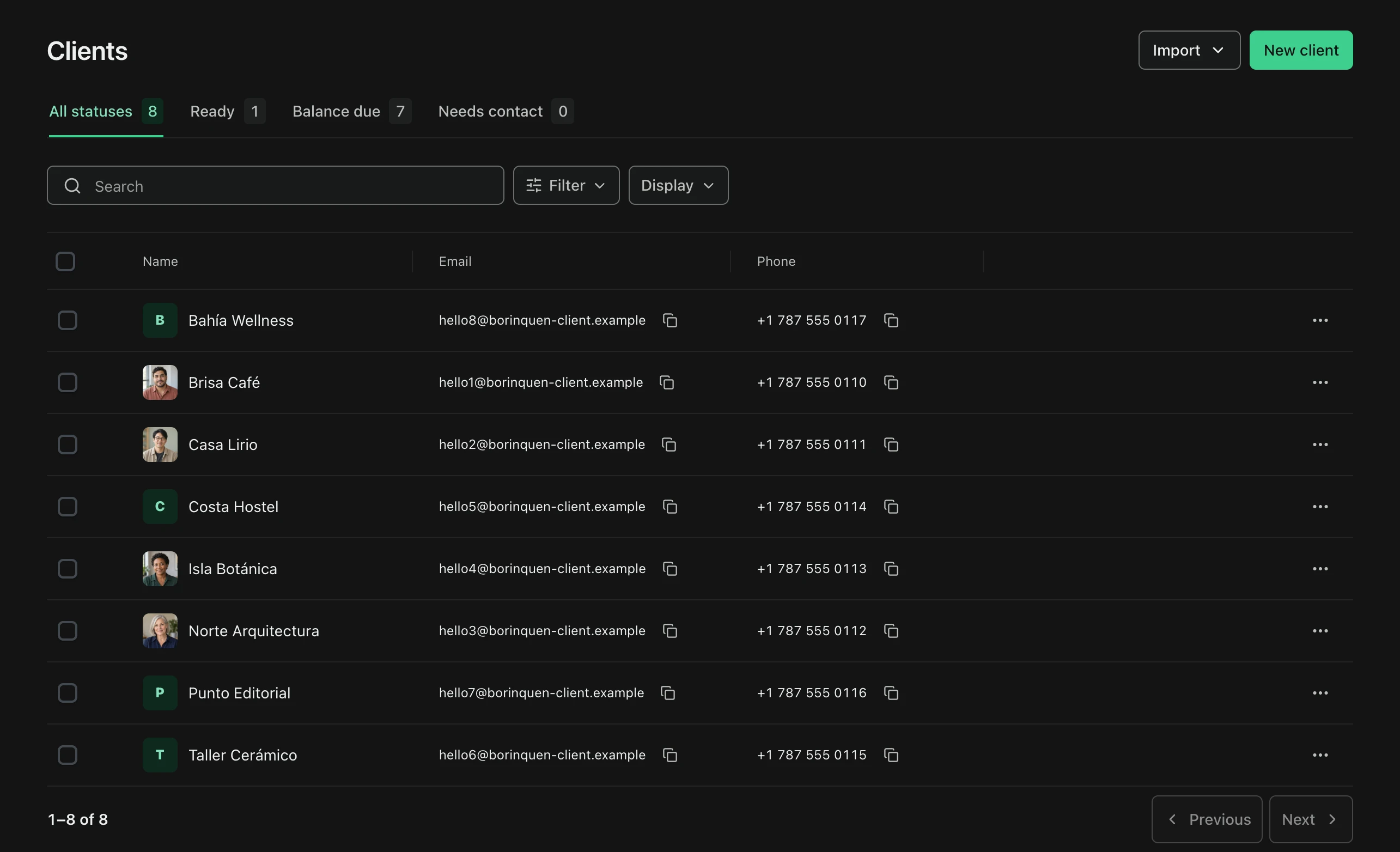 FacturaOS client list with names, emails, phones, and account-status filters.