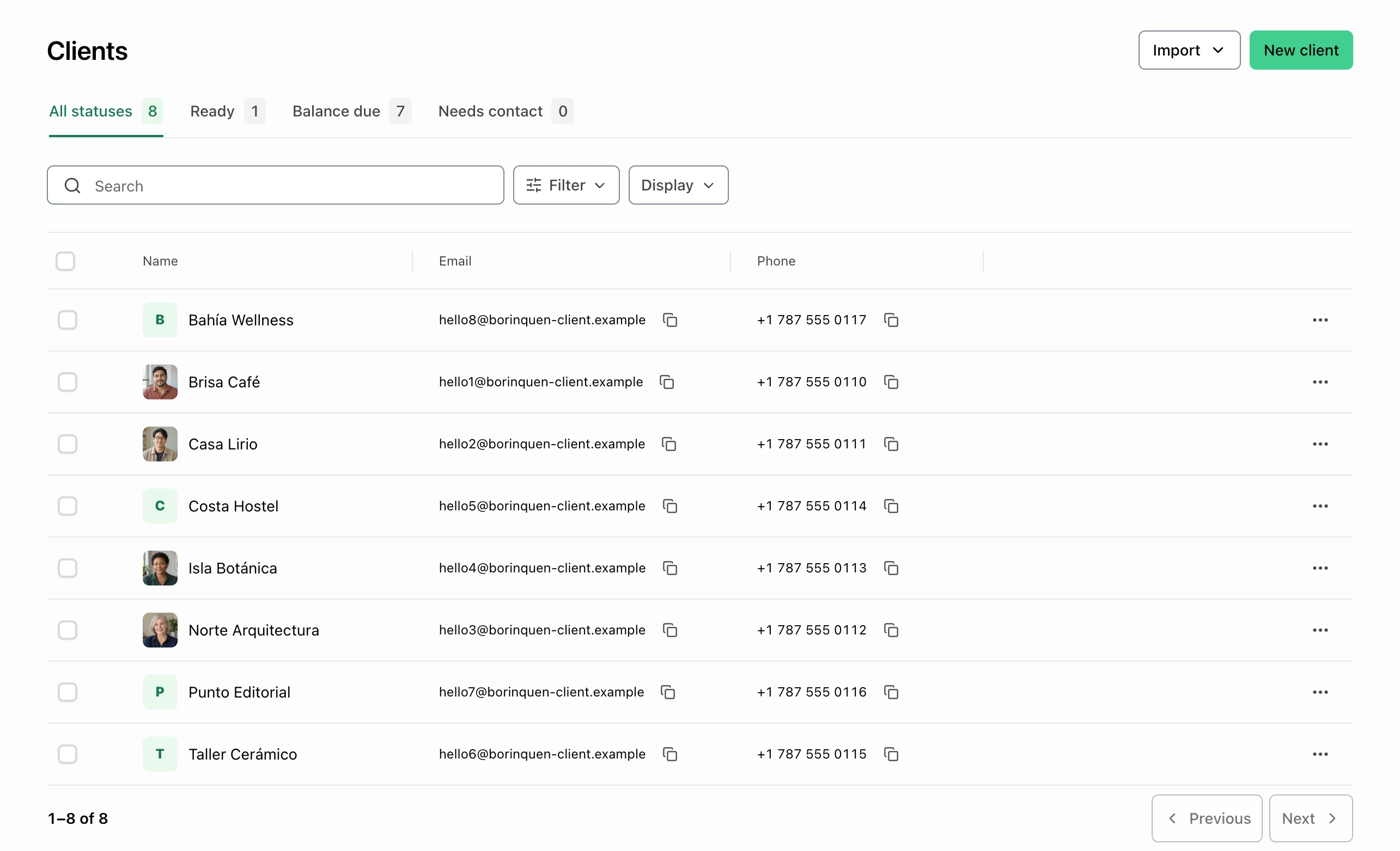 FacturaOS client list with names, emails, phones, and account-status filters.
