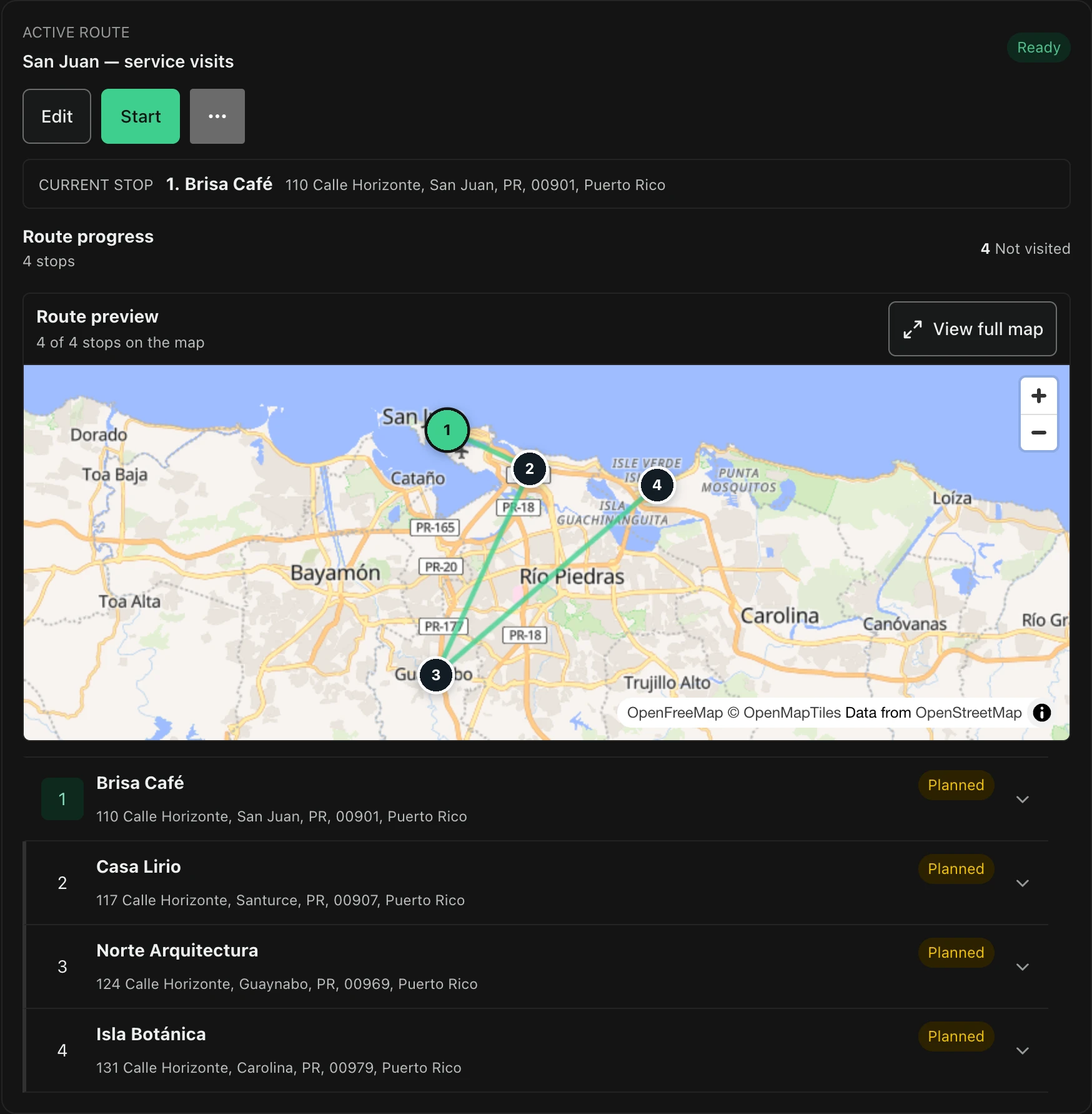 FacturaOS route planner with saved stops, progress, and a Puerto Rico map.