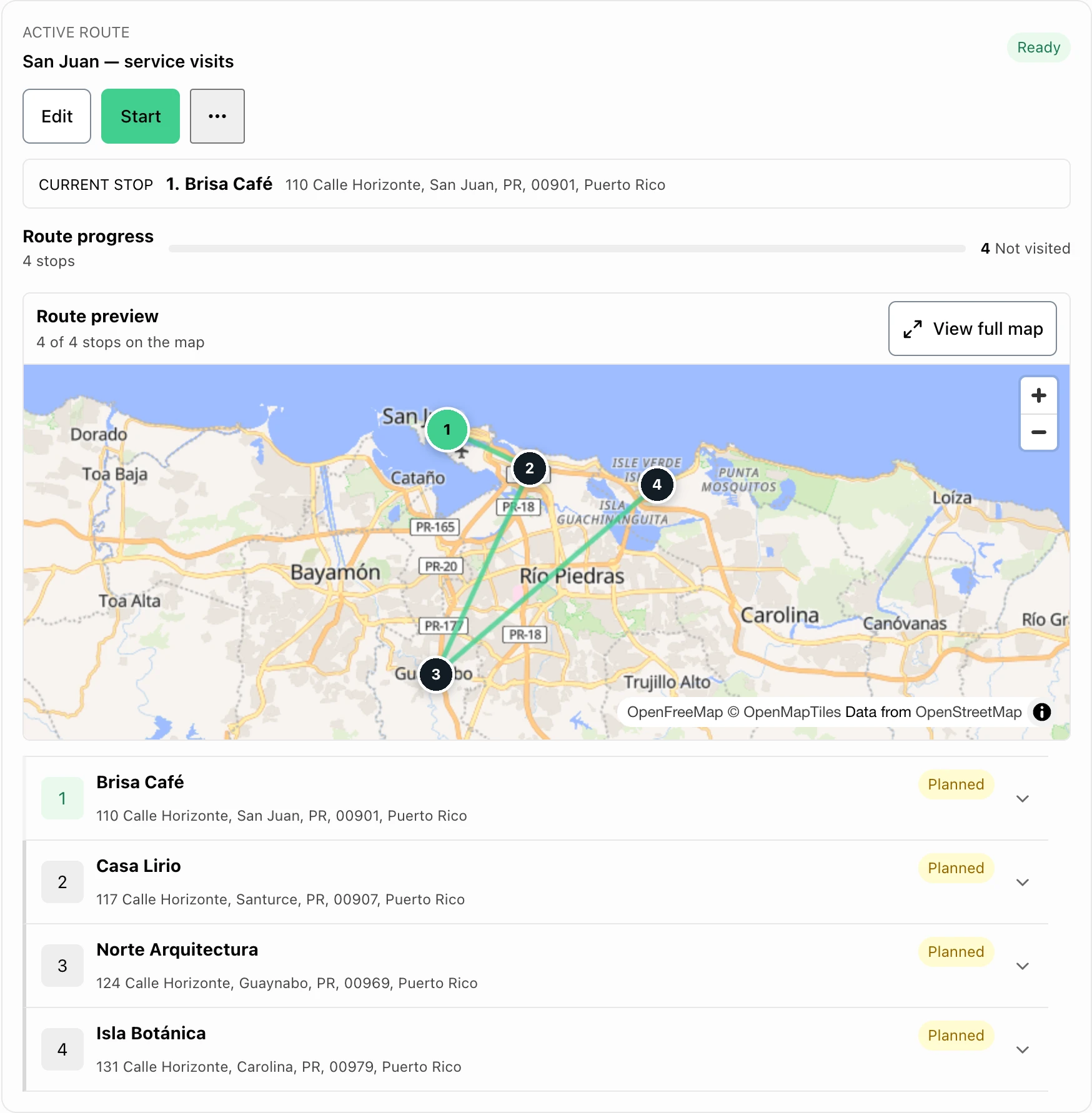 FacturaOS route planner with saved stops, progress, and a Puerto Rico map.
