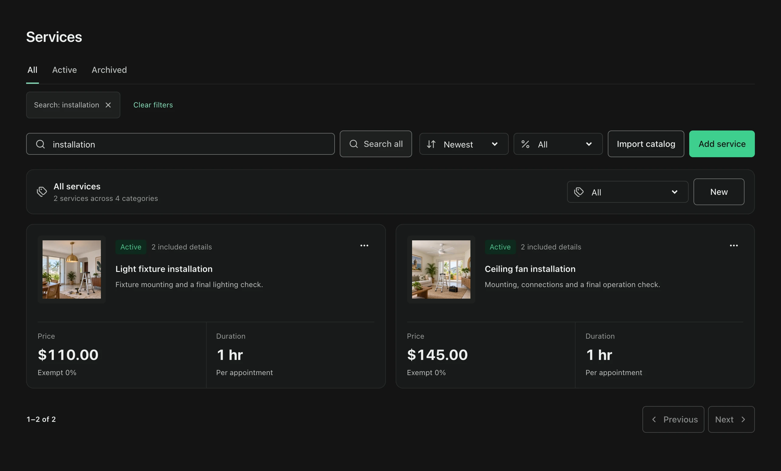 FacturaOS saved services with descriptions and prices
