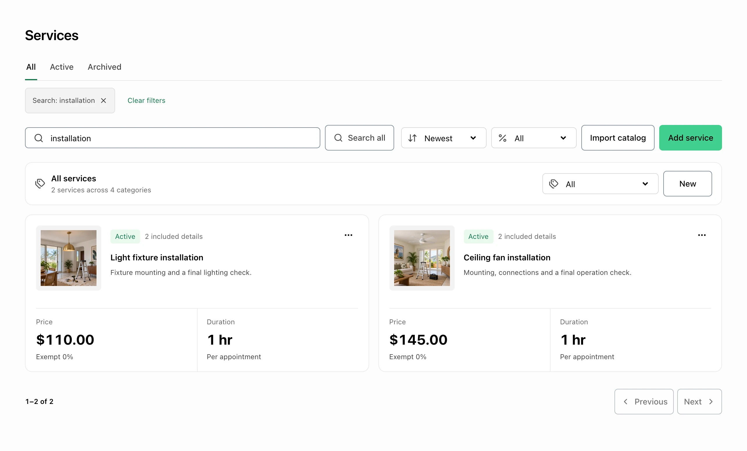FacturaOS saved services with descriptions and prices