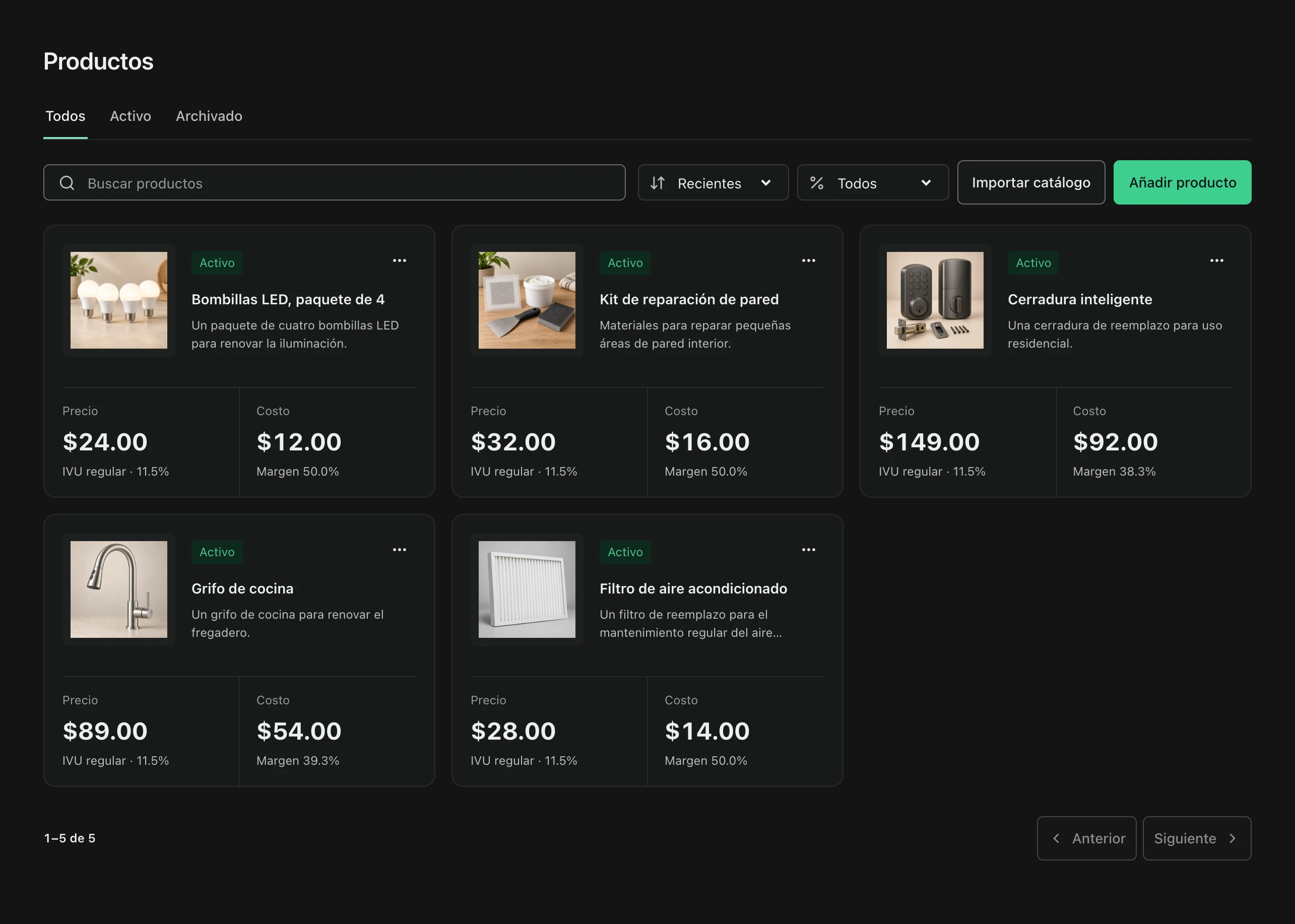 Catálogo de productos reutilizables de FacturaOS con precios y costos