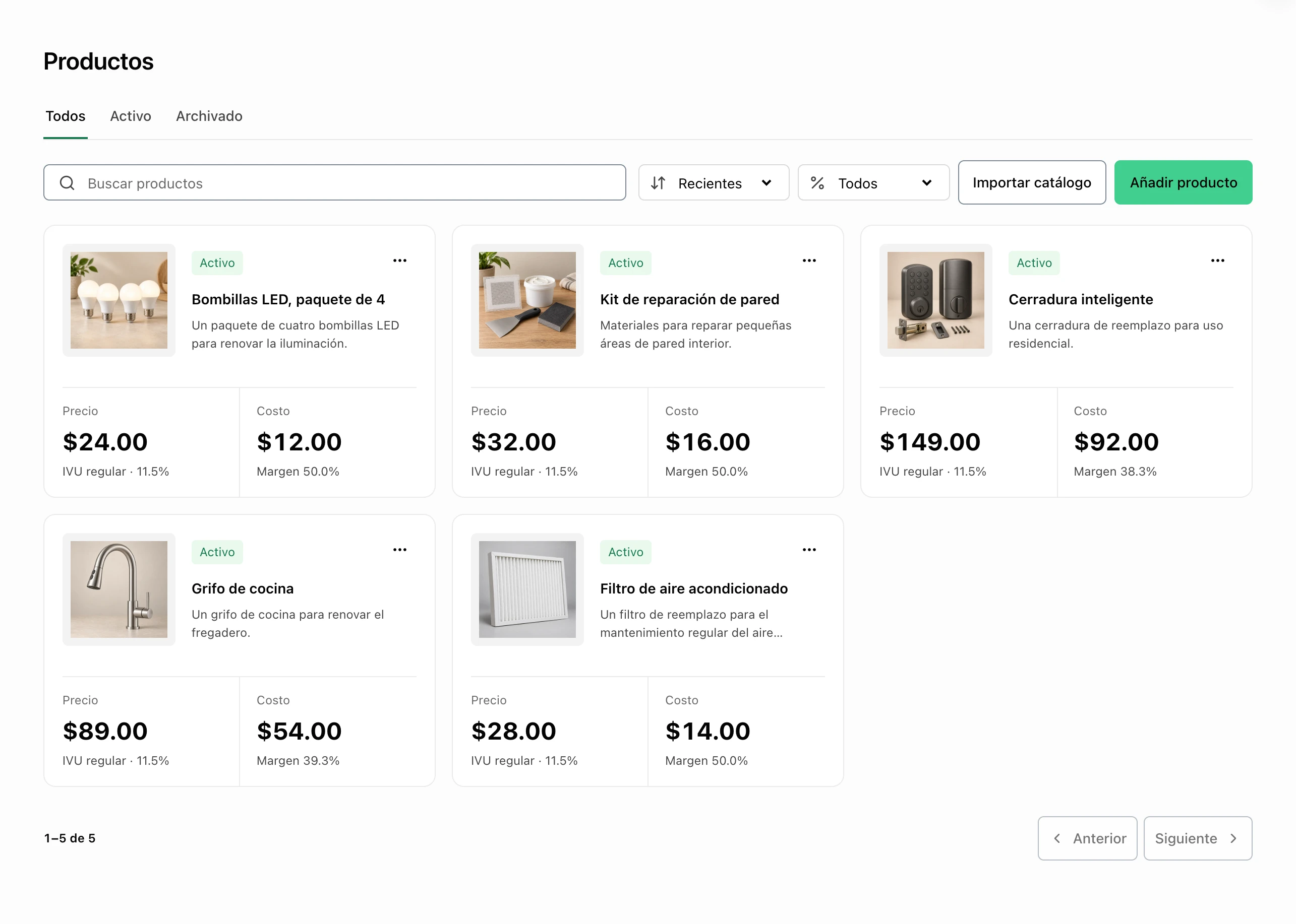 Catálogo de productos reutilizables de FacturaOS con precios y costos
