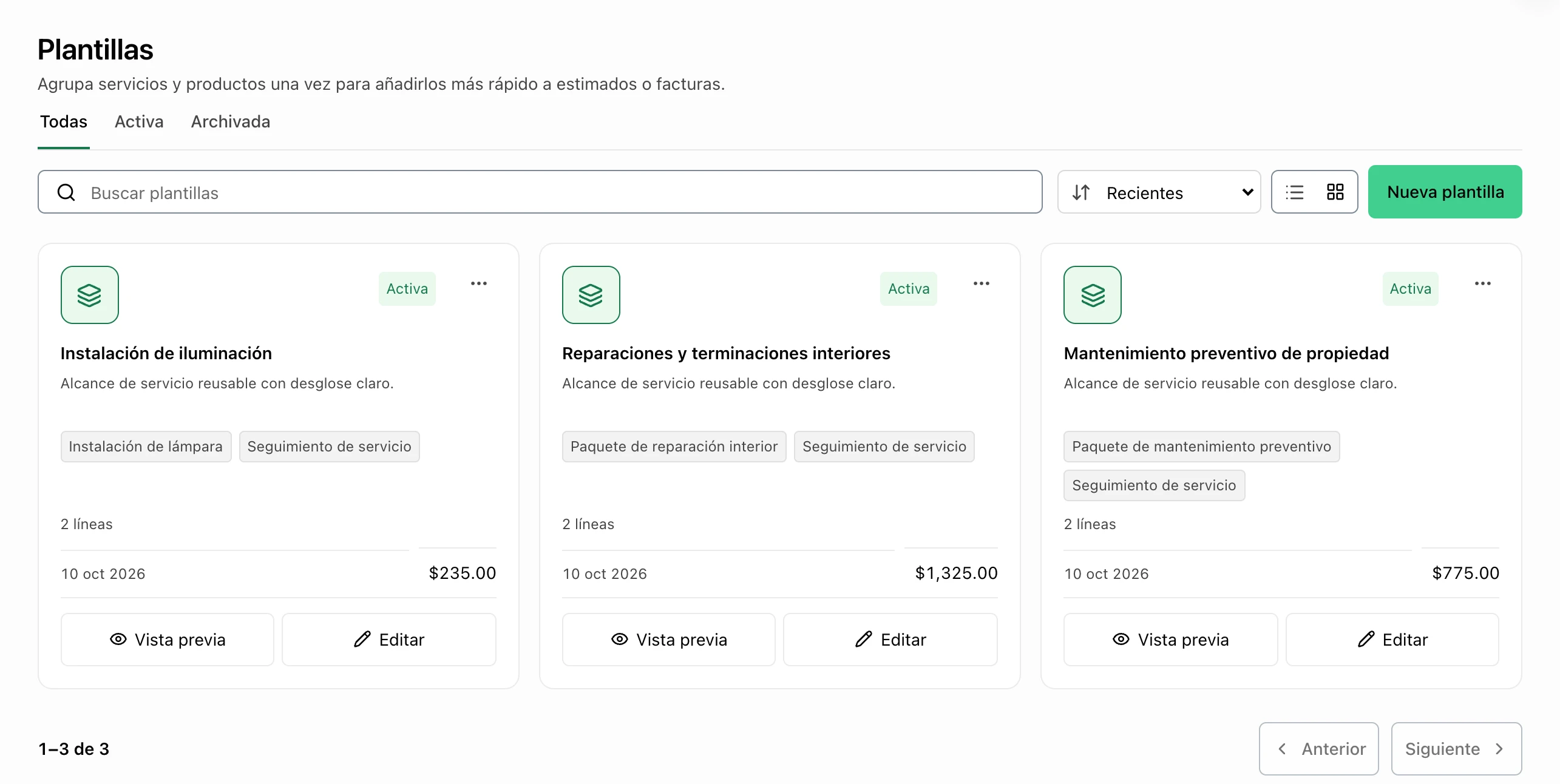 Plantillas reutilizables de FacturaOS con partidas guardadas y totales.