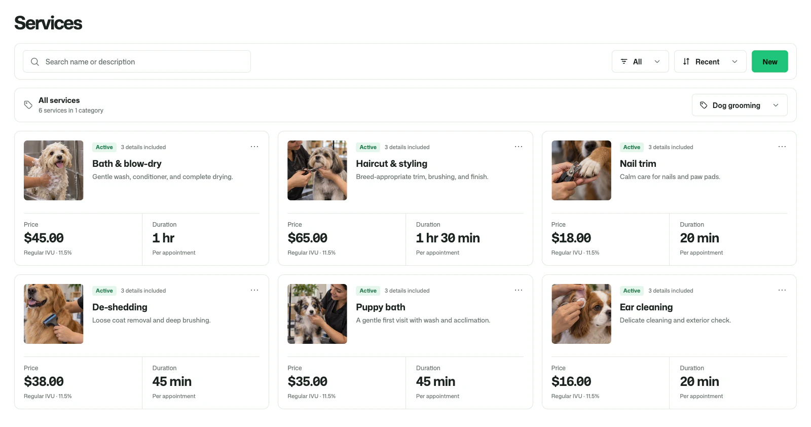 Illustrative FacturaOS catalog of dog grooming services, prices, and appointment durations.