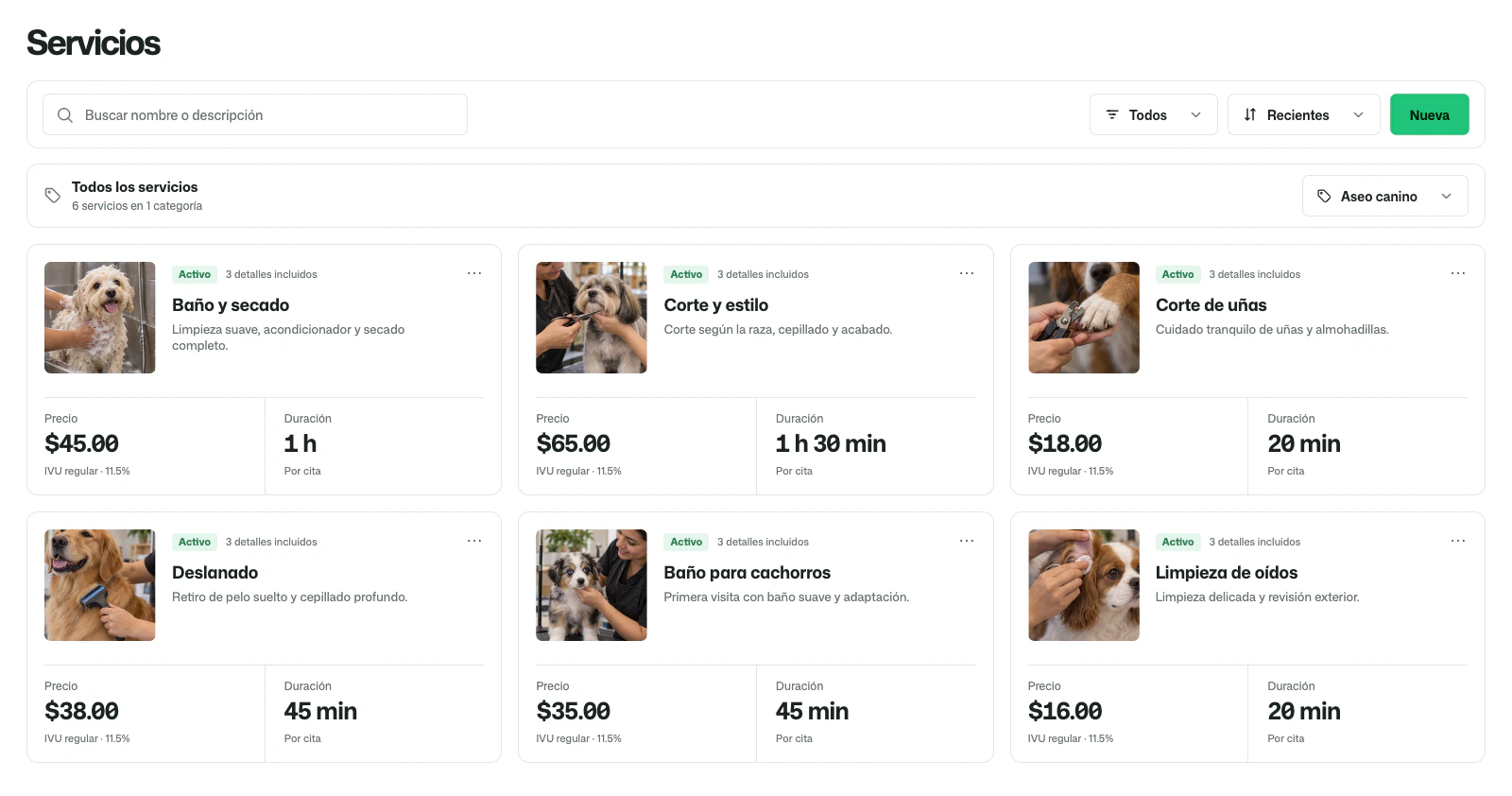 Catálogo ilustrativo de FacturaOS con servicios de aseo canino, precios y duración de las citas.