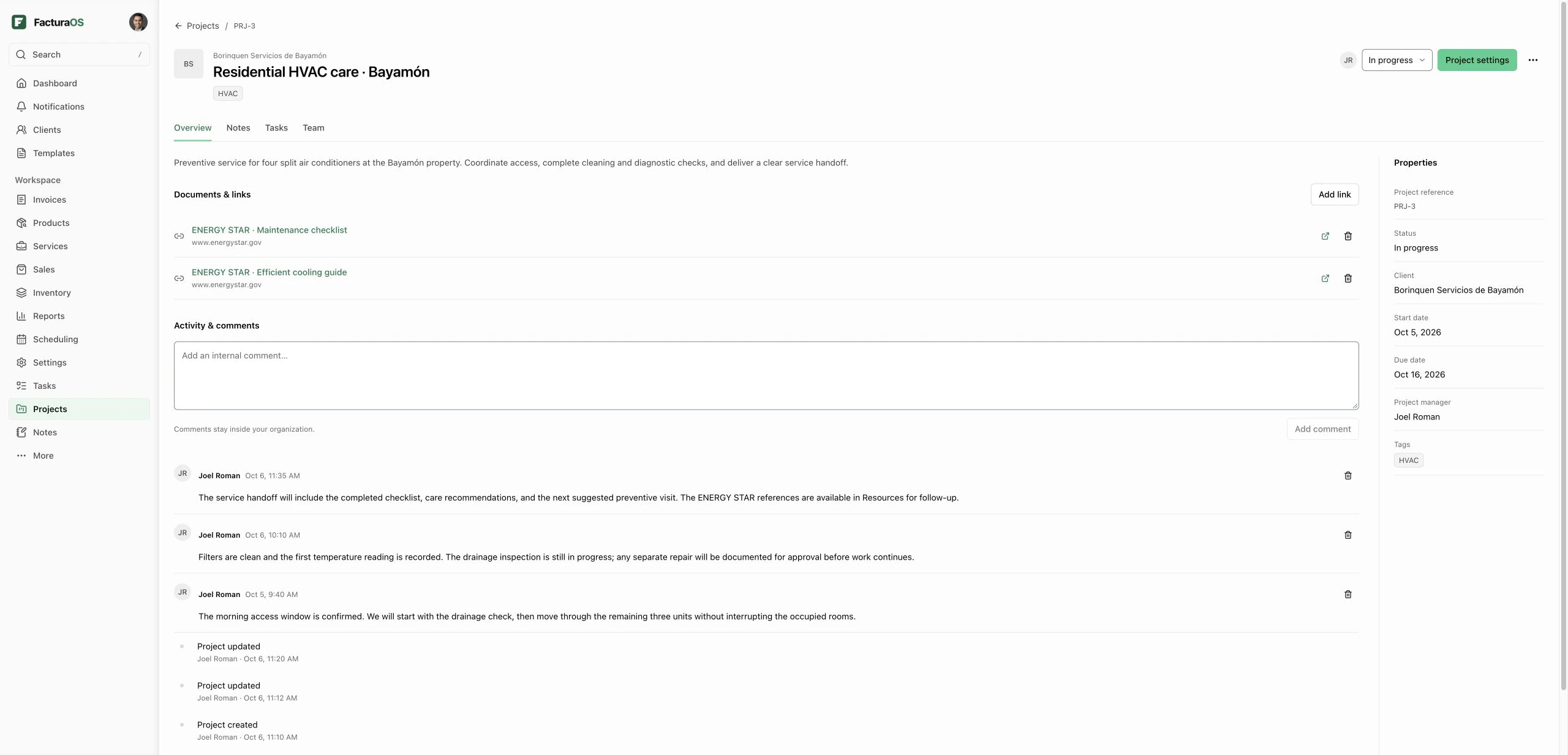 FacturaOS project overview with the client, manager, dates, resources, and internal comments.