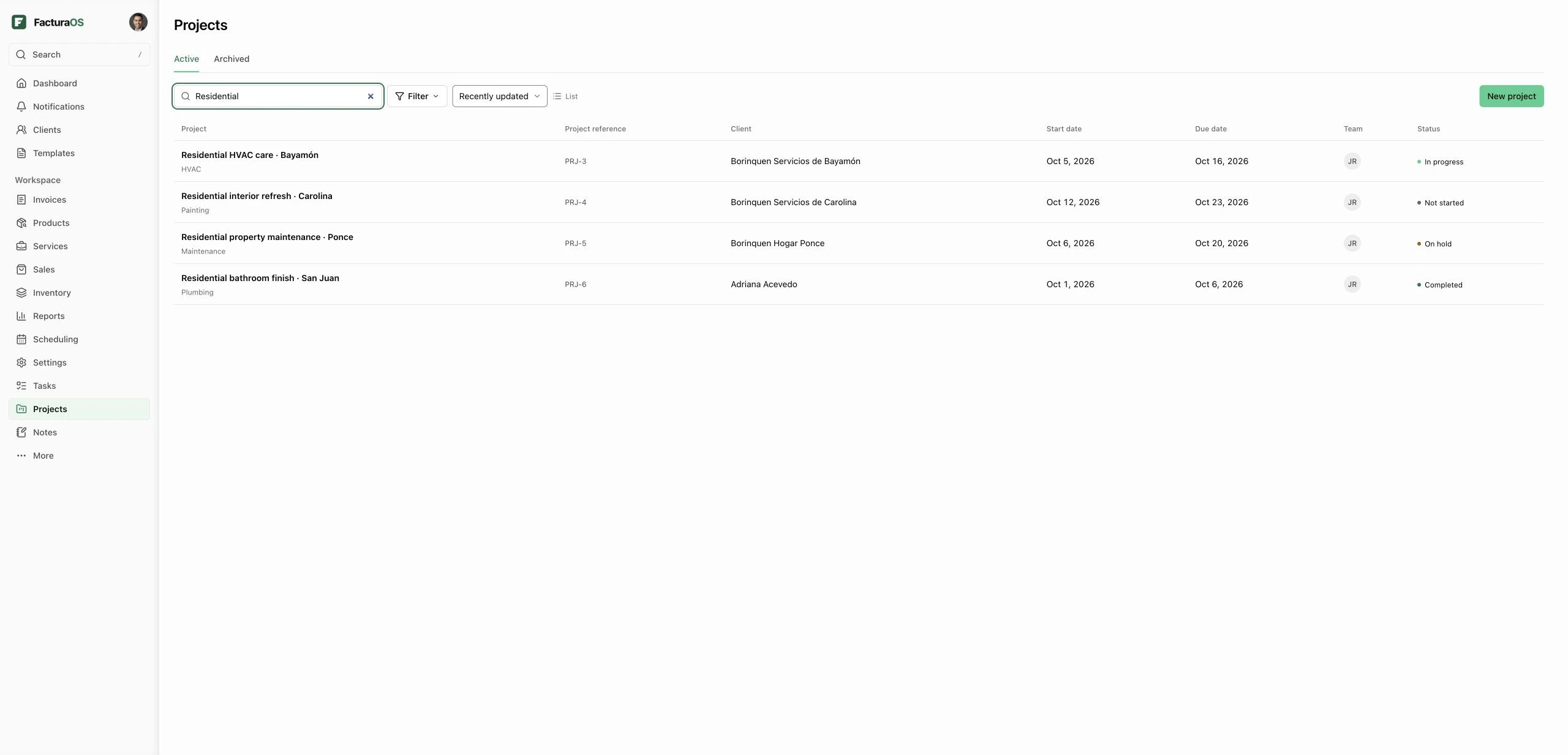 FacturaOS Projects list with clients, project status, dates, and team assignments.