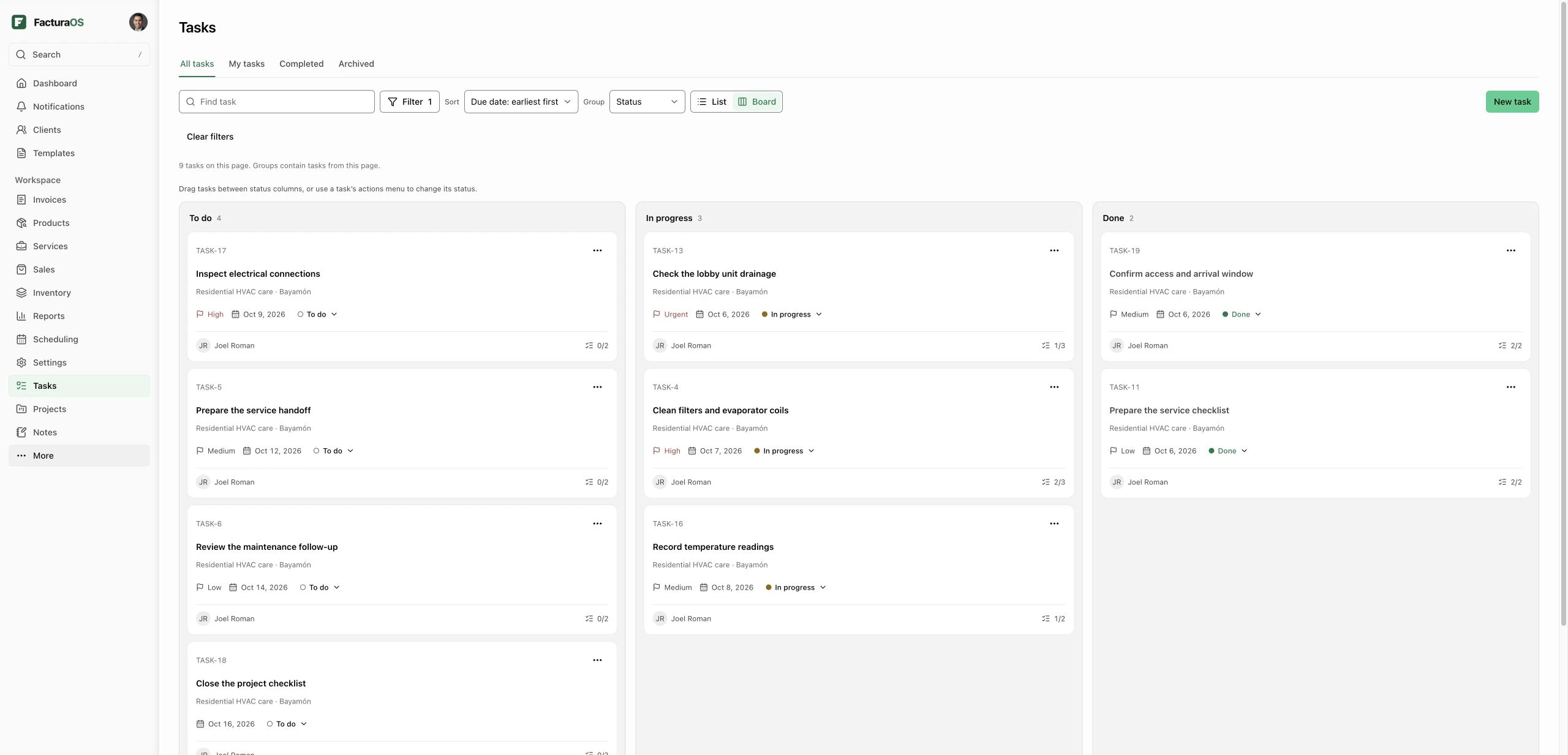 FacturaOS Tasks board with assignments, priorities, due dates, and work grouped by status.